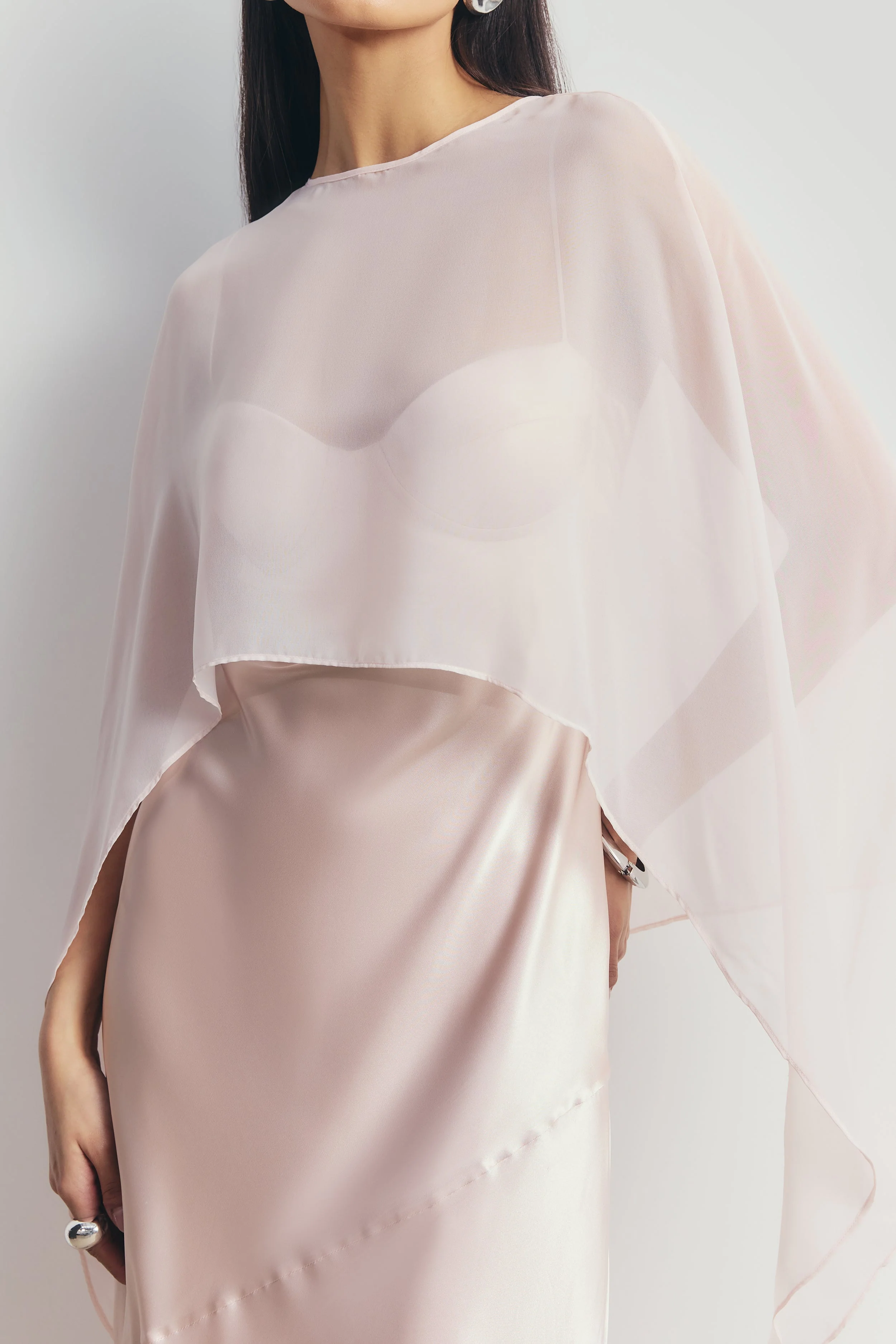 Sheer Chiffon Curved Hem Cape - Blush - Image 5