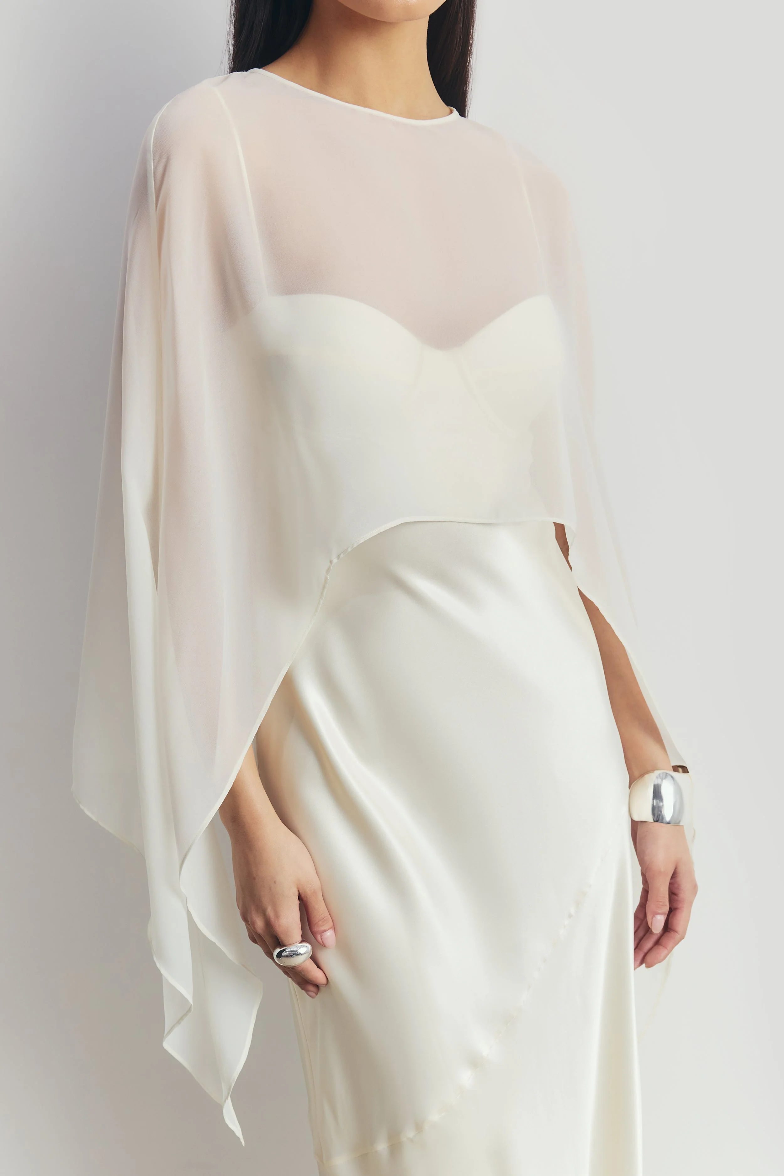 Sheer Chiffon Curved Hem Cape - Cream - Image 3