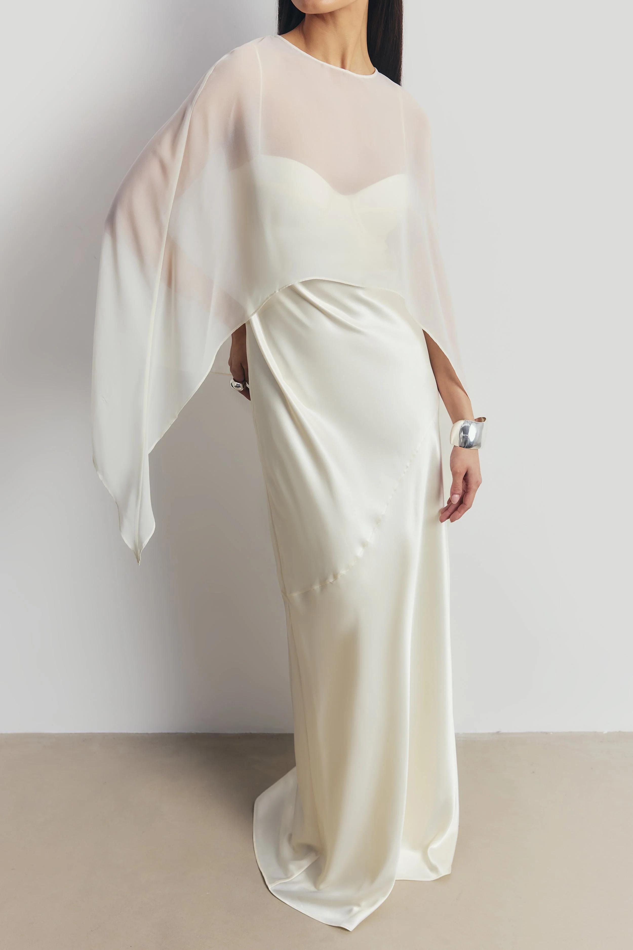 Sheer Chiffon Curved Hem Cape - Cream - Image 5