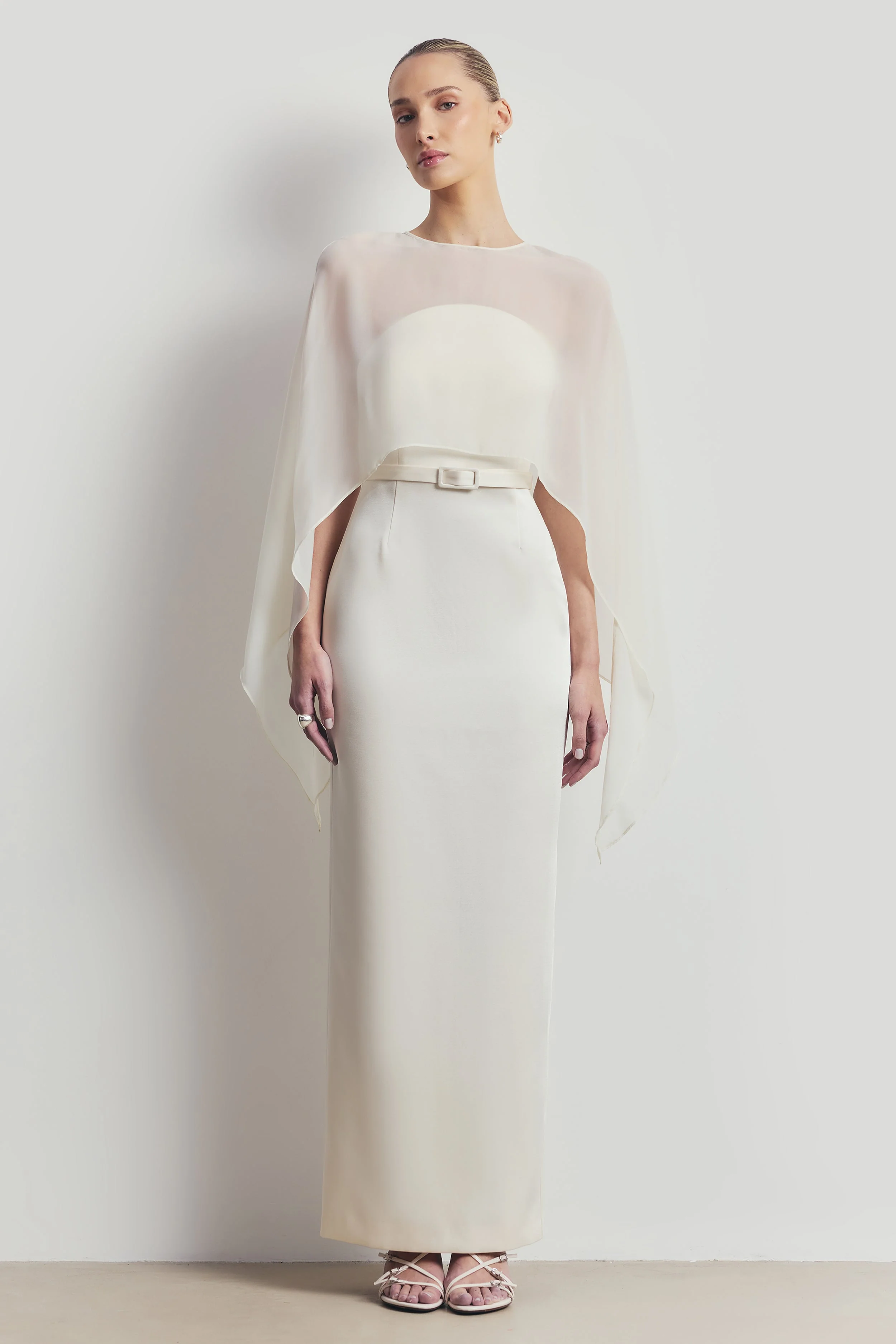 Sheer Chiffon Curved Hem Cape - Cream - Image 7