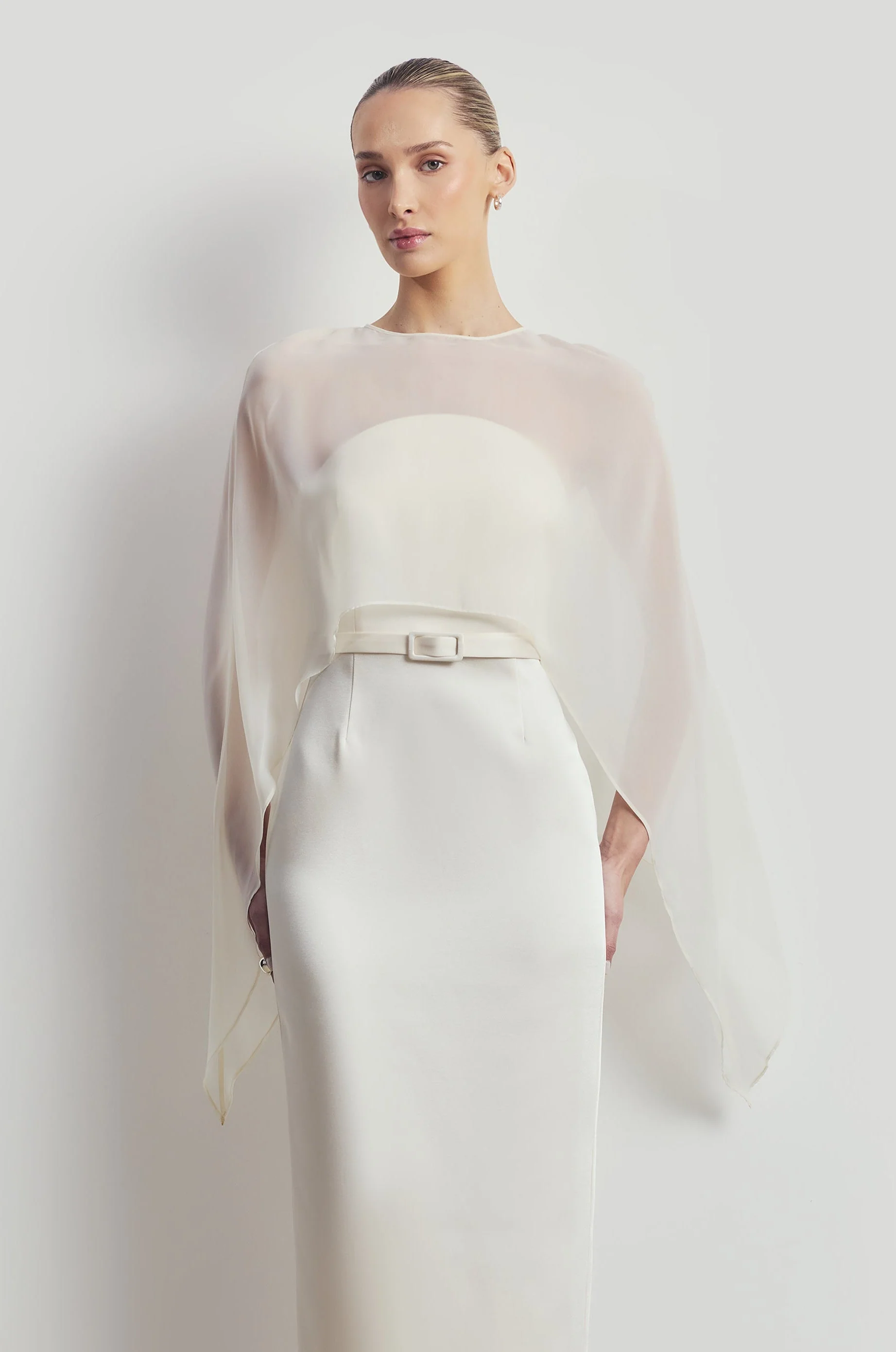 Sheer Chiffon Curved Hem Cape - Cream - Image 8
