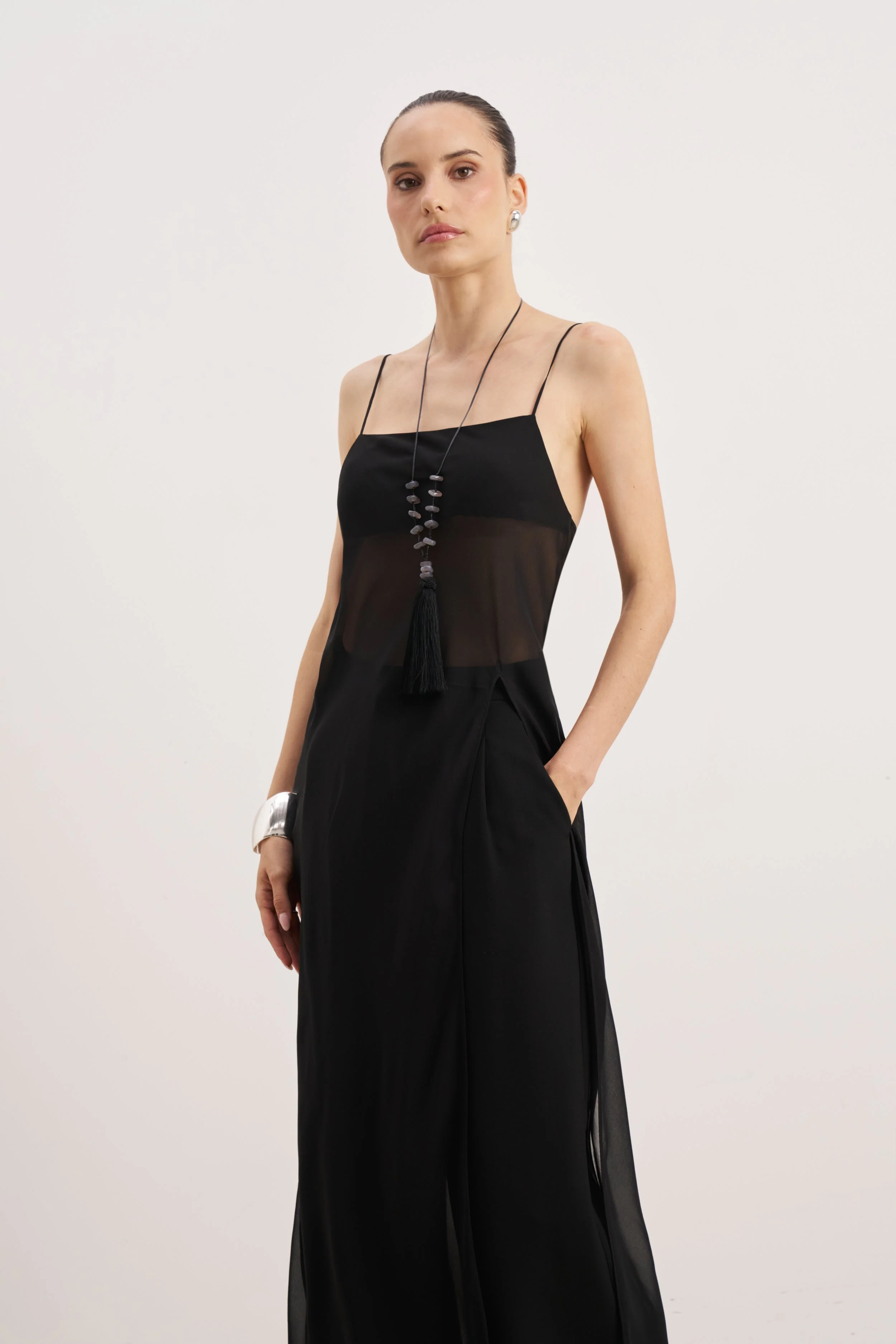 Sheer Chiffon Longline Camisole - Black - Image 2