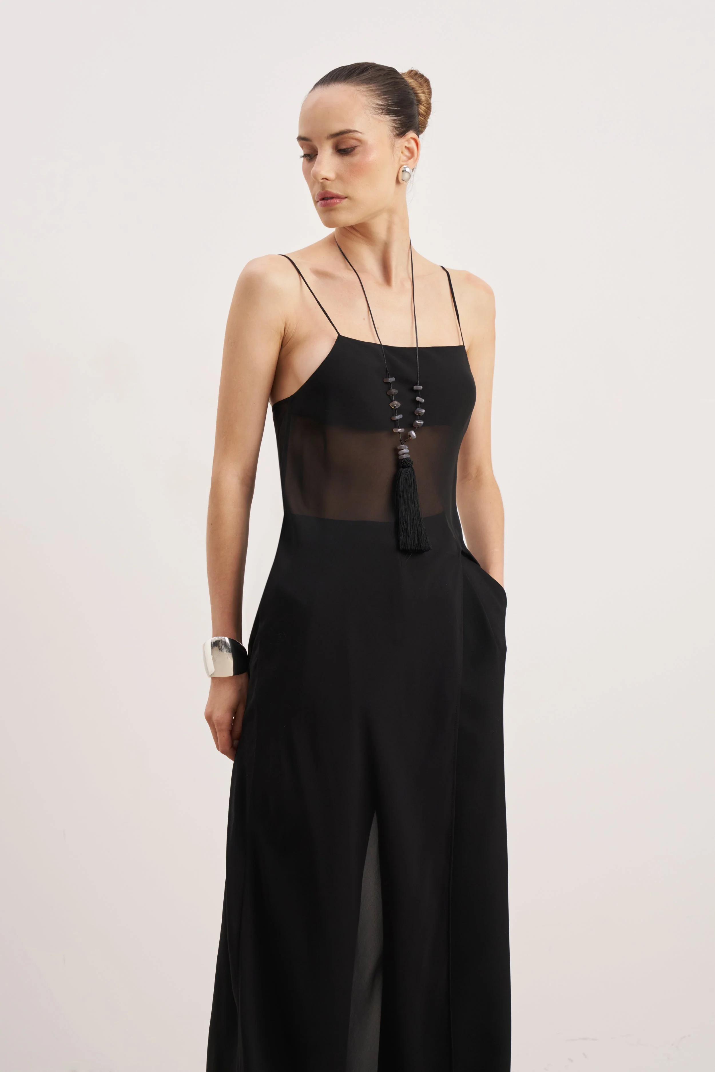 Sheer Chiffon Longline Camisole - Black - Image 4