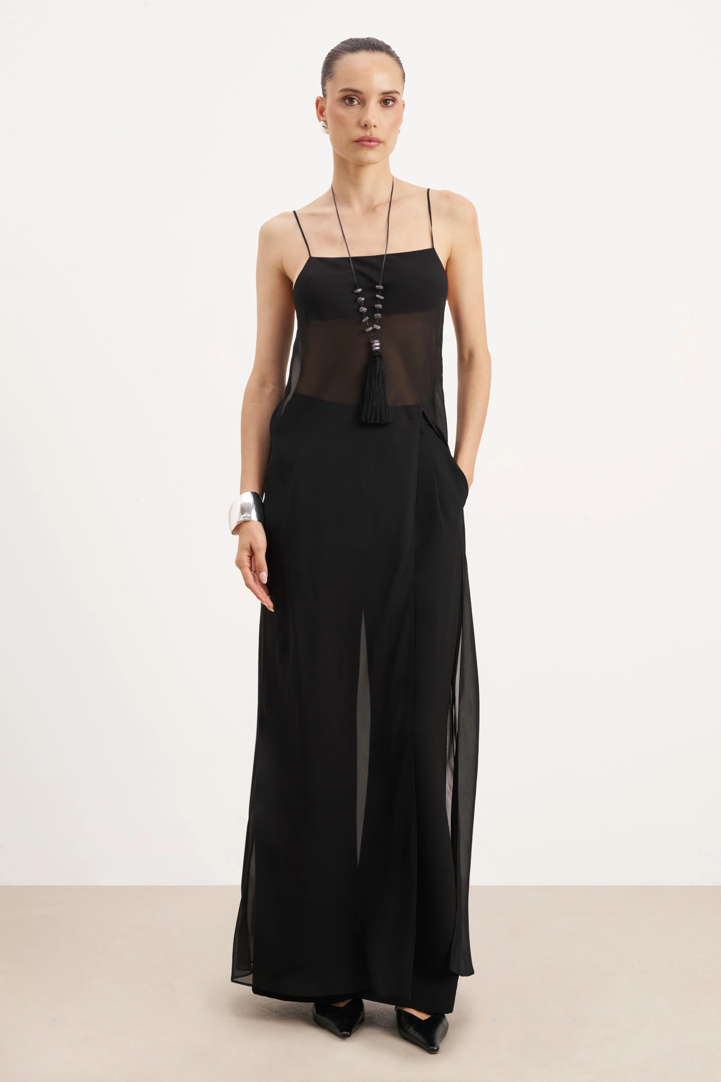 Sheer Chiffon Longline Camisole - Black - Image 5