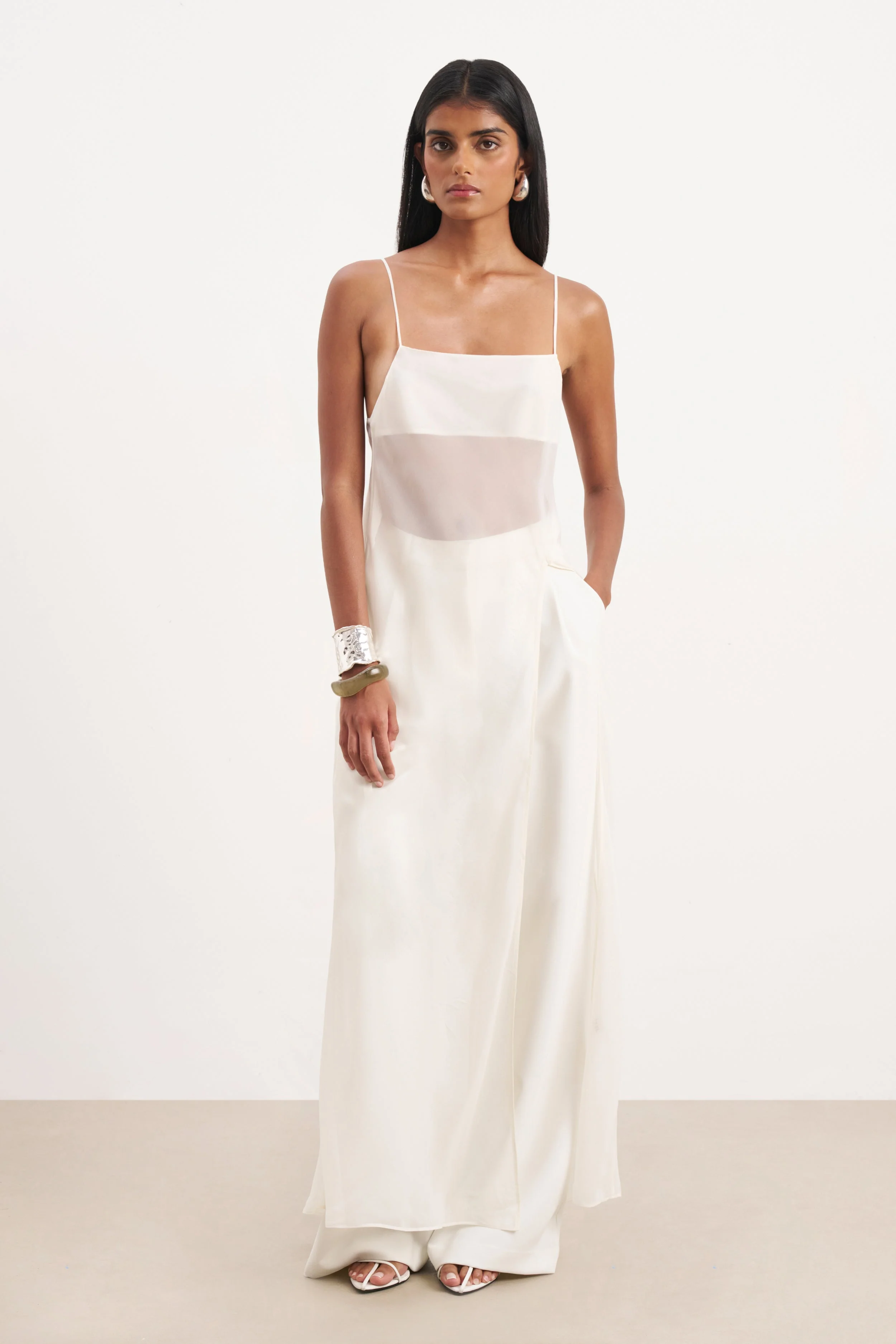 Sheer Chiffon Longline Camisole - Cream