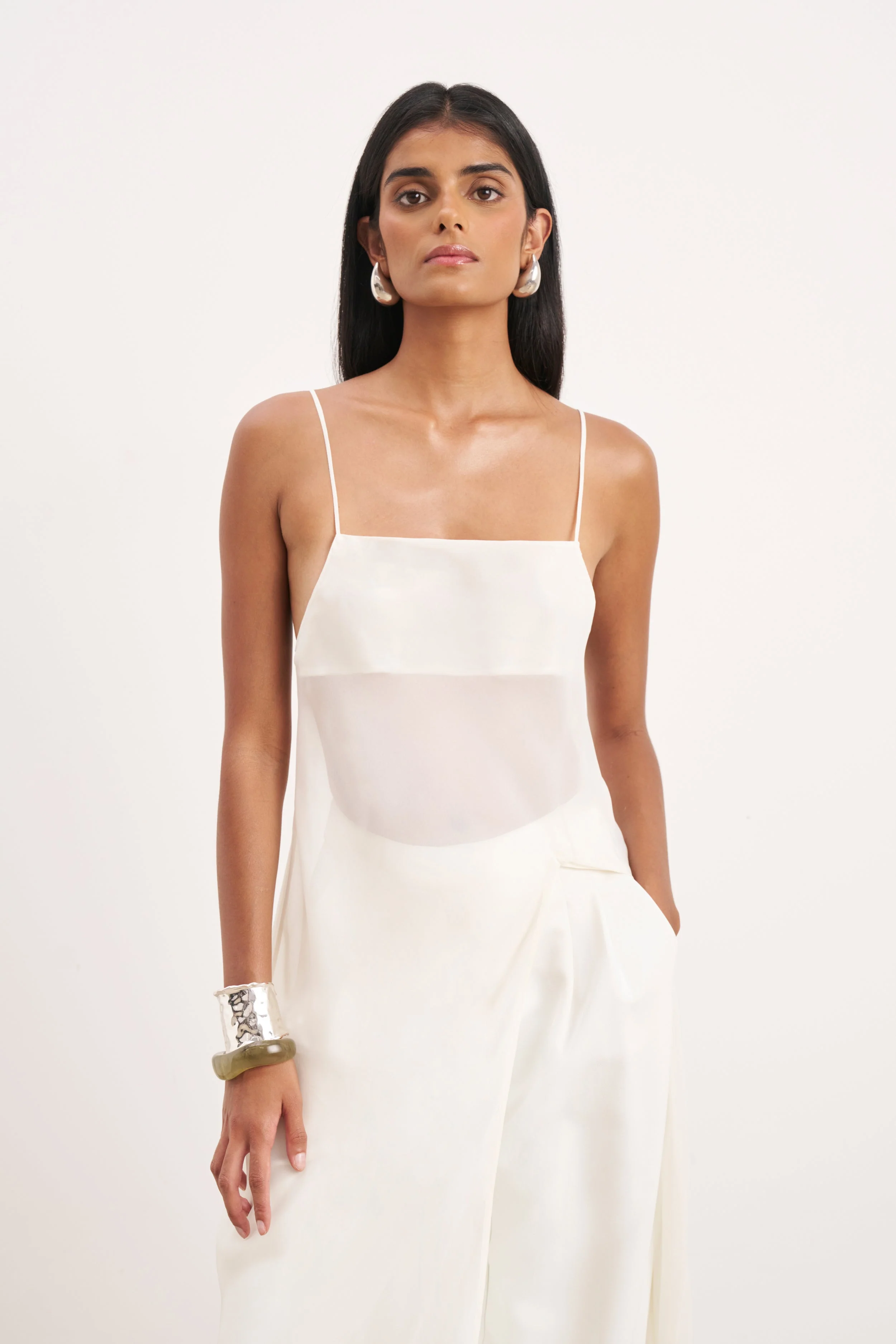 Sheer Chiffon Longline Camisole - Cream - Image 2