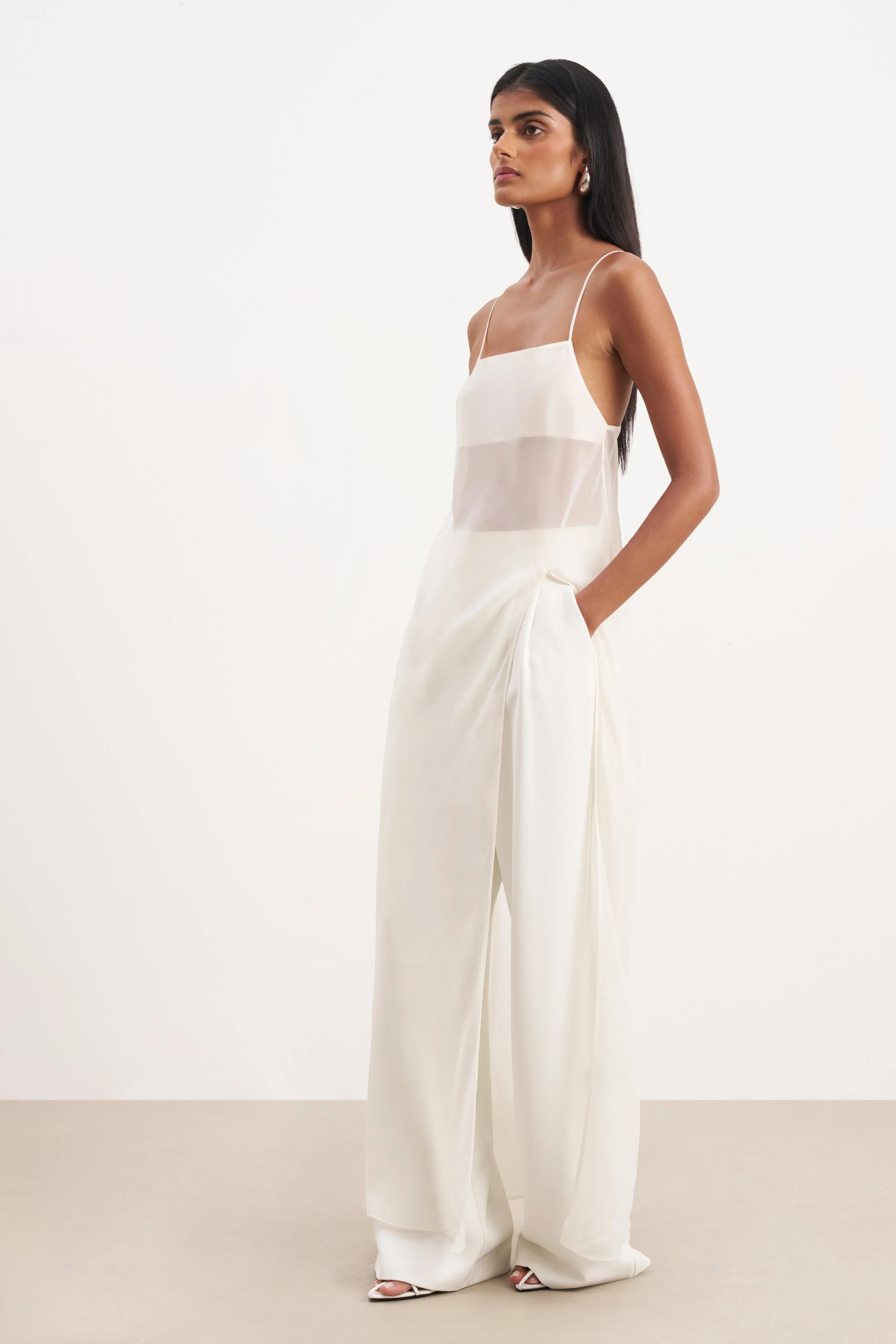 Sheer Chiffon Longline Camisole - Cream - Image 3