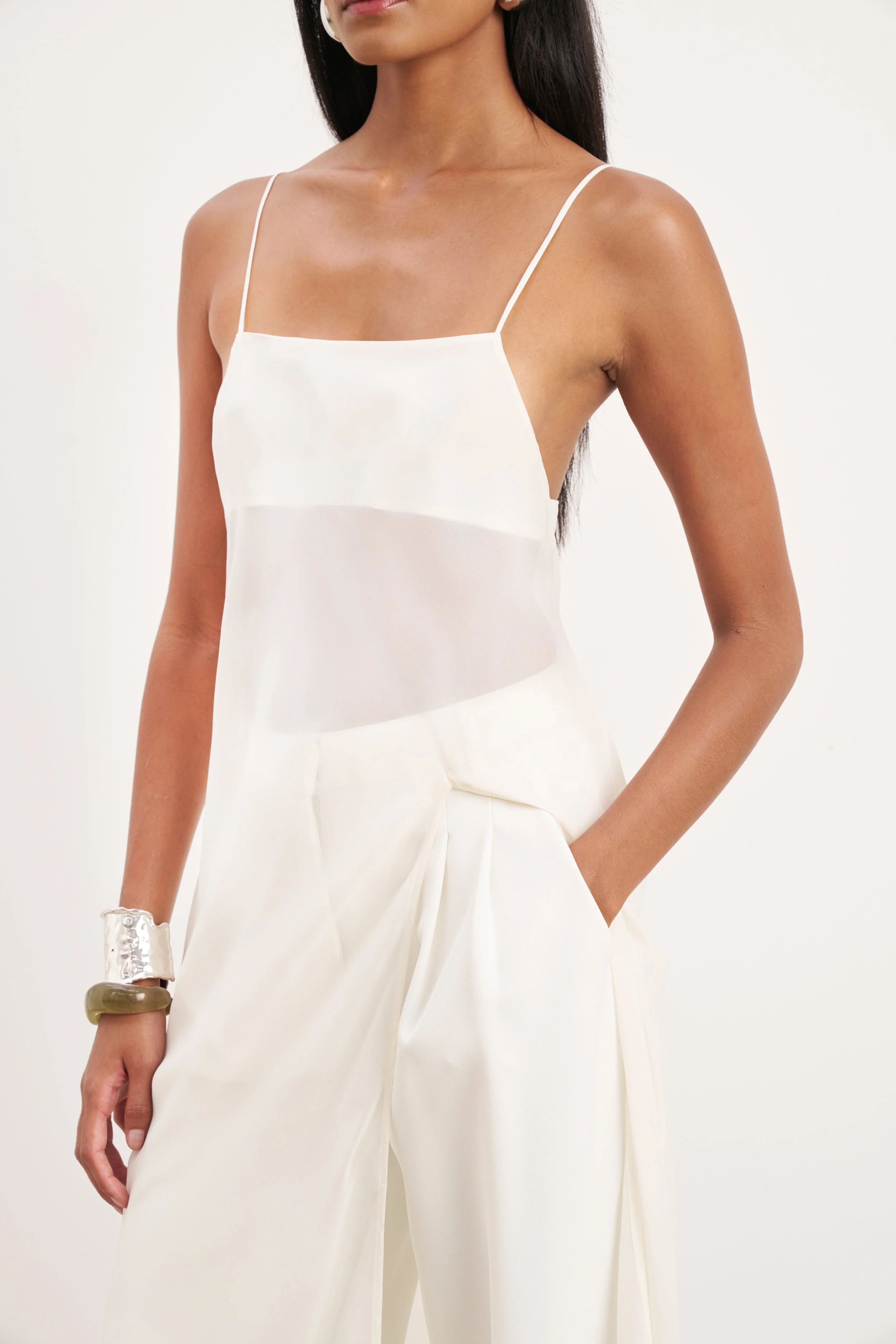 Sheer Chiffon Longline Camisole - Cream - Image 4
