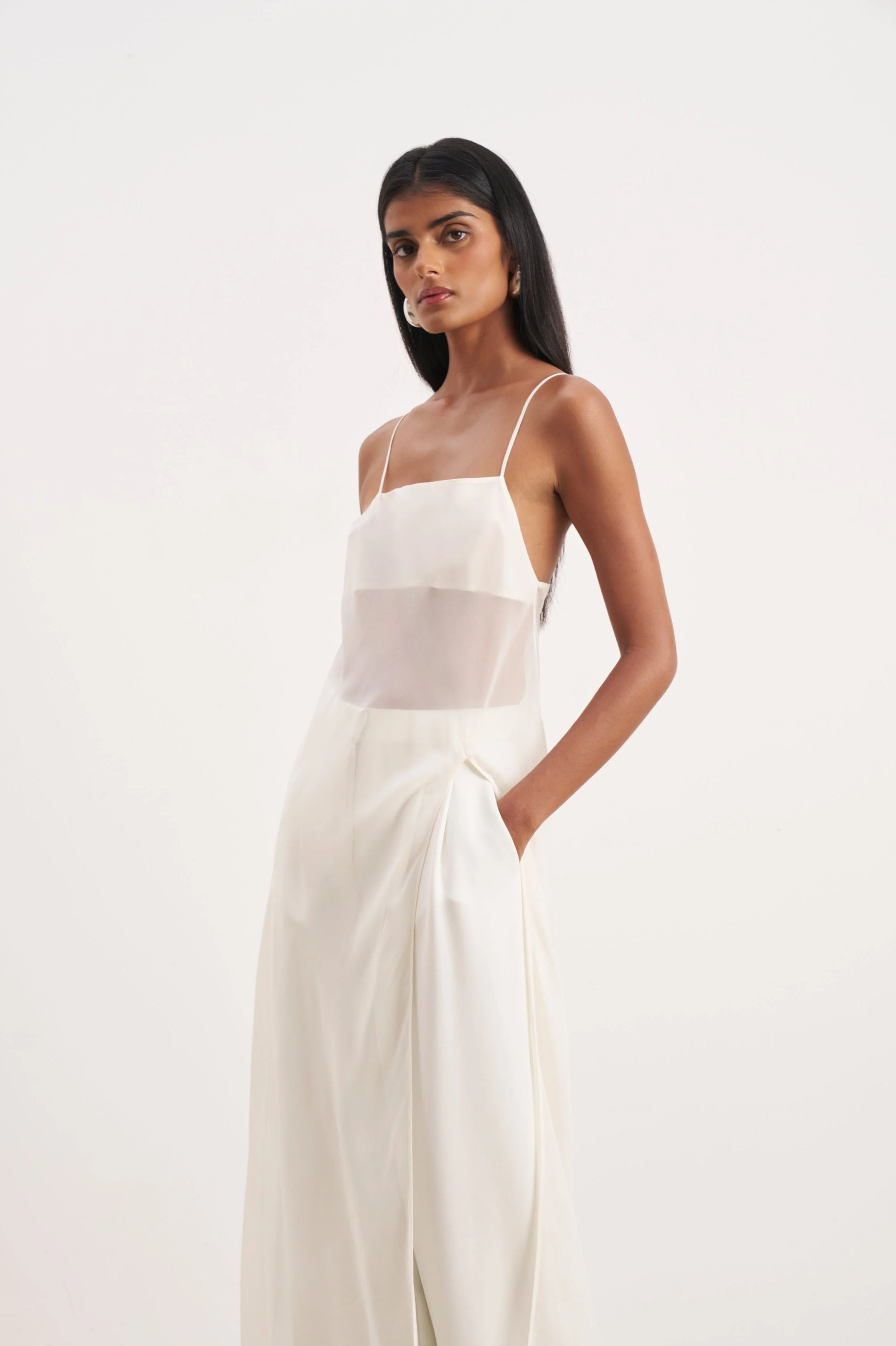 Sheer Chiffon Longline Camisole - Cream - Image 5
