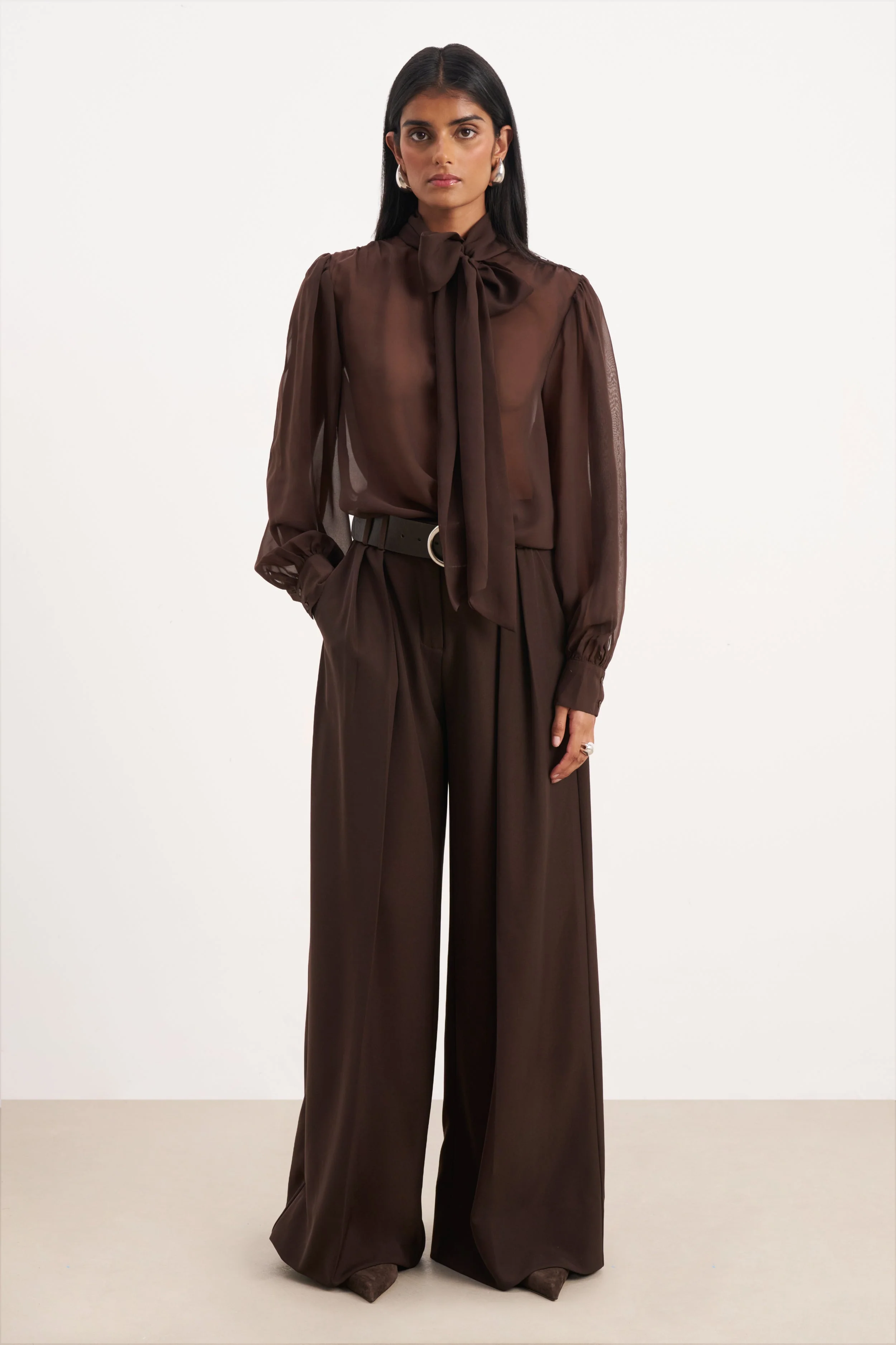 Sheer Chiffon Tie Neck Blouse - Carob - Image 2