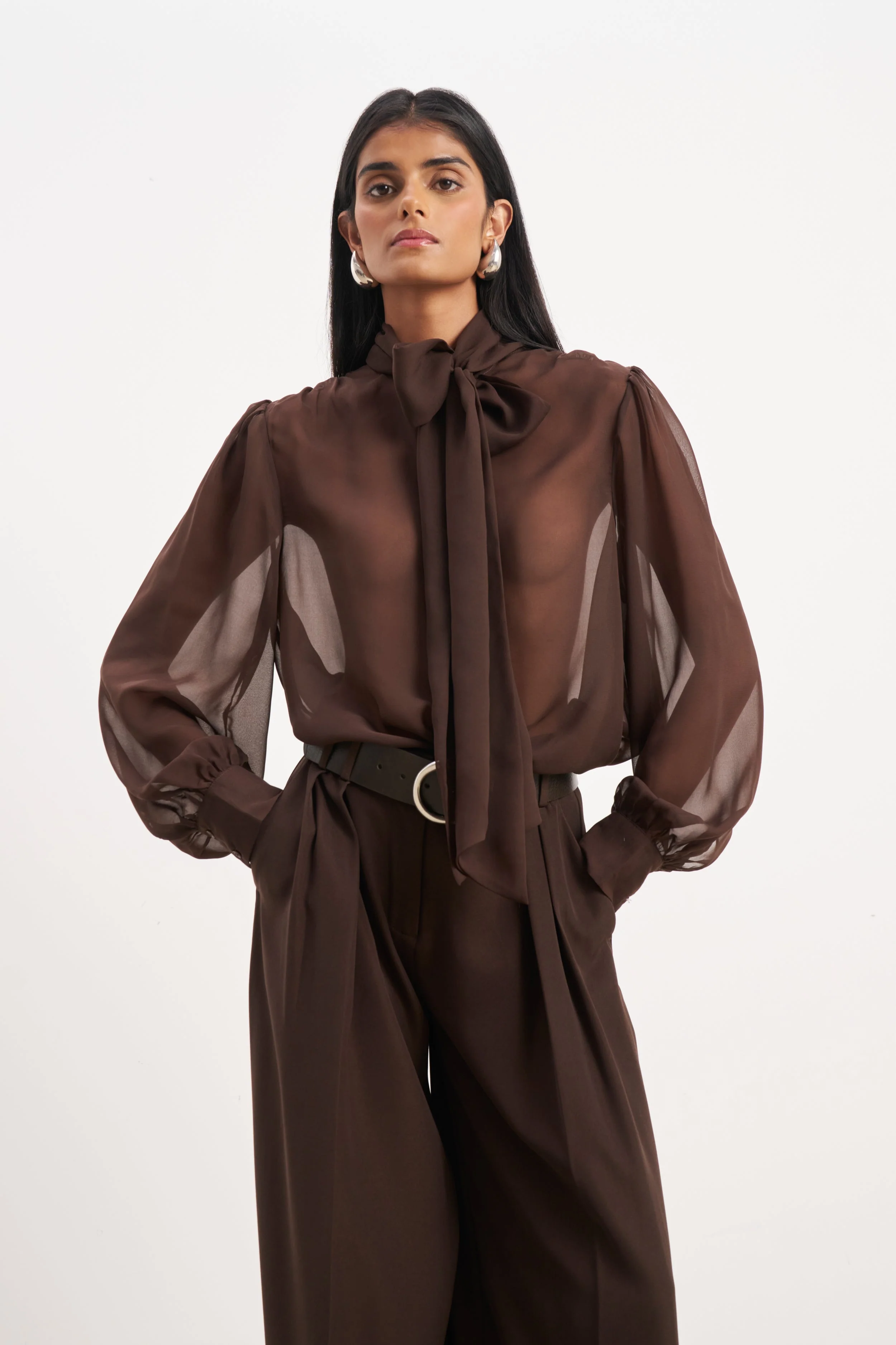 Sheer Chiffon Tie Neck Blouse - Carob - Image 3