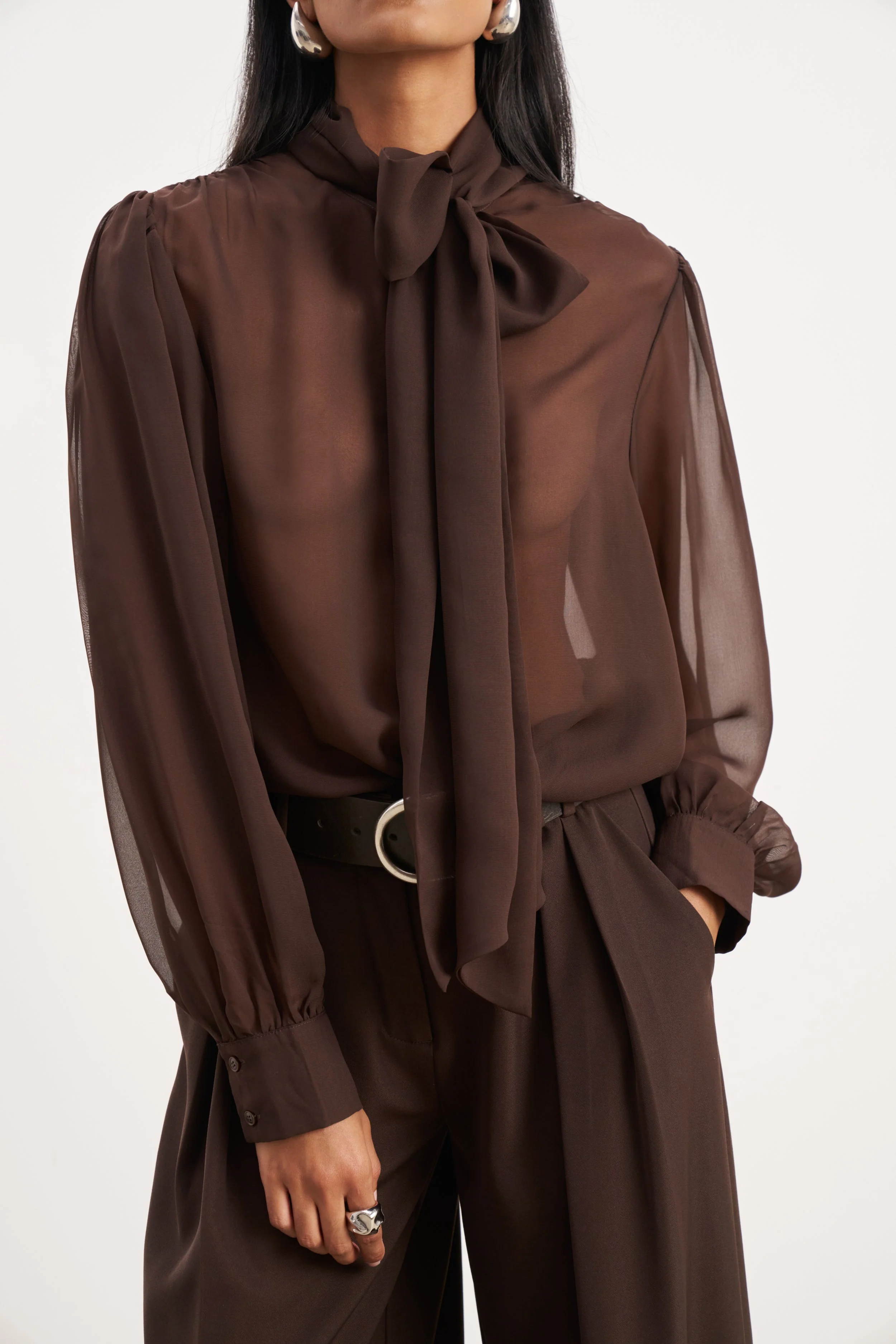 Sheer Chiffon Tie Neck Blouse - Carob - Image 4