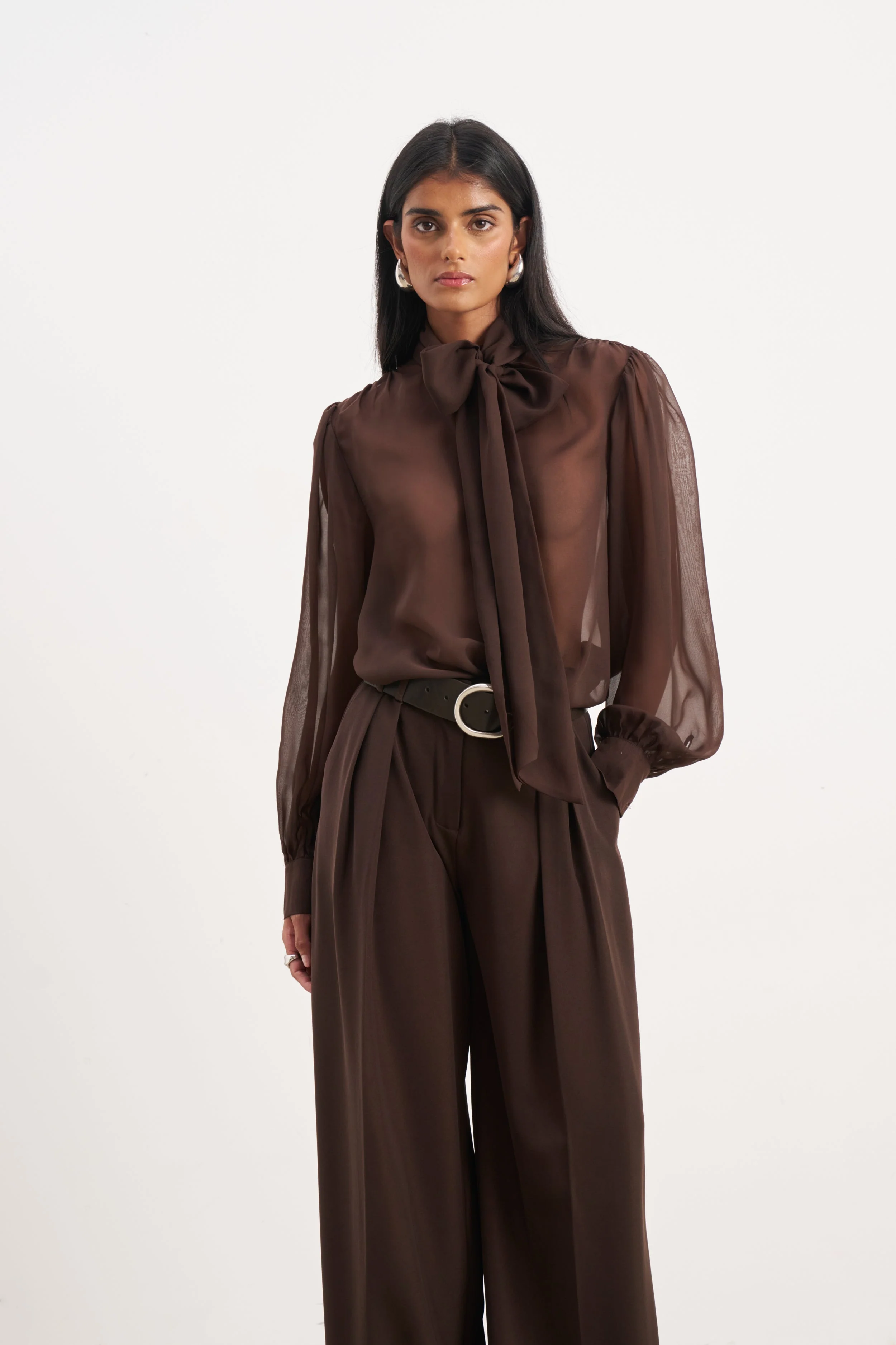 Sheer Chiffon Tie Neck Blouse - Carob - Image 5