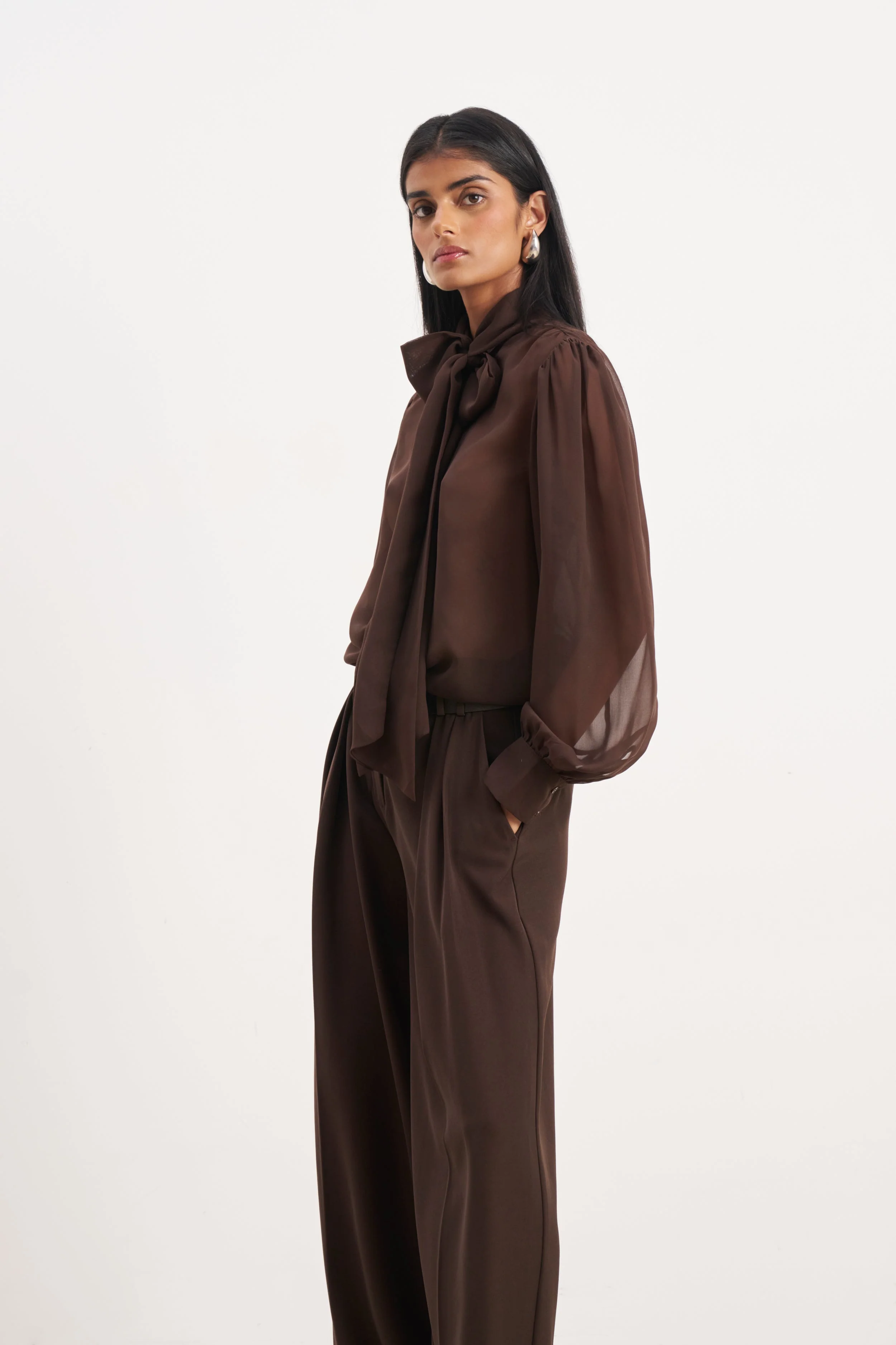 Sheer Chiffon Tie Neck Blouse - Carob - Image 6