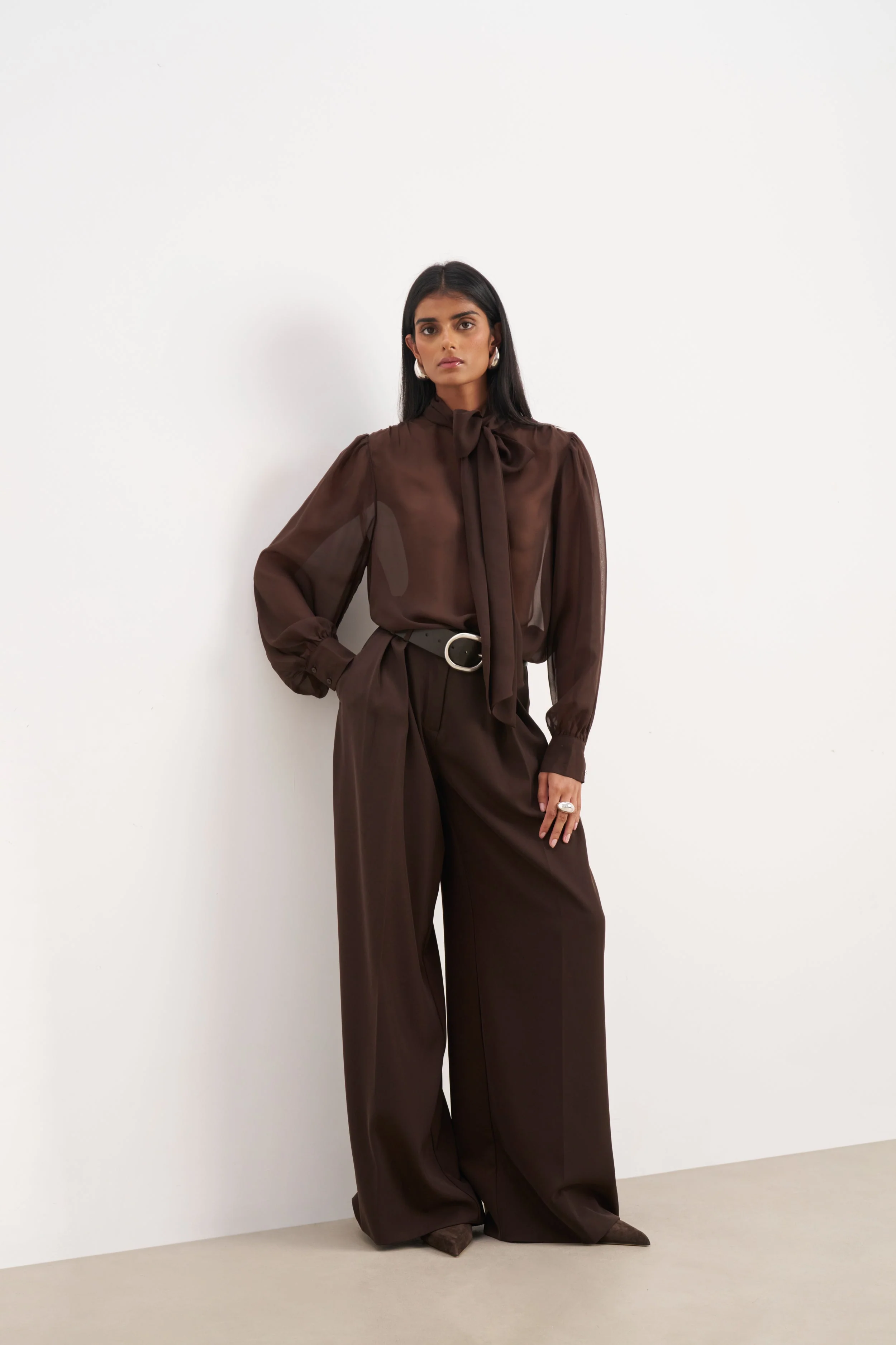 Sheer Chiffon Tie Neck Blouse - Carob - Image 7