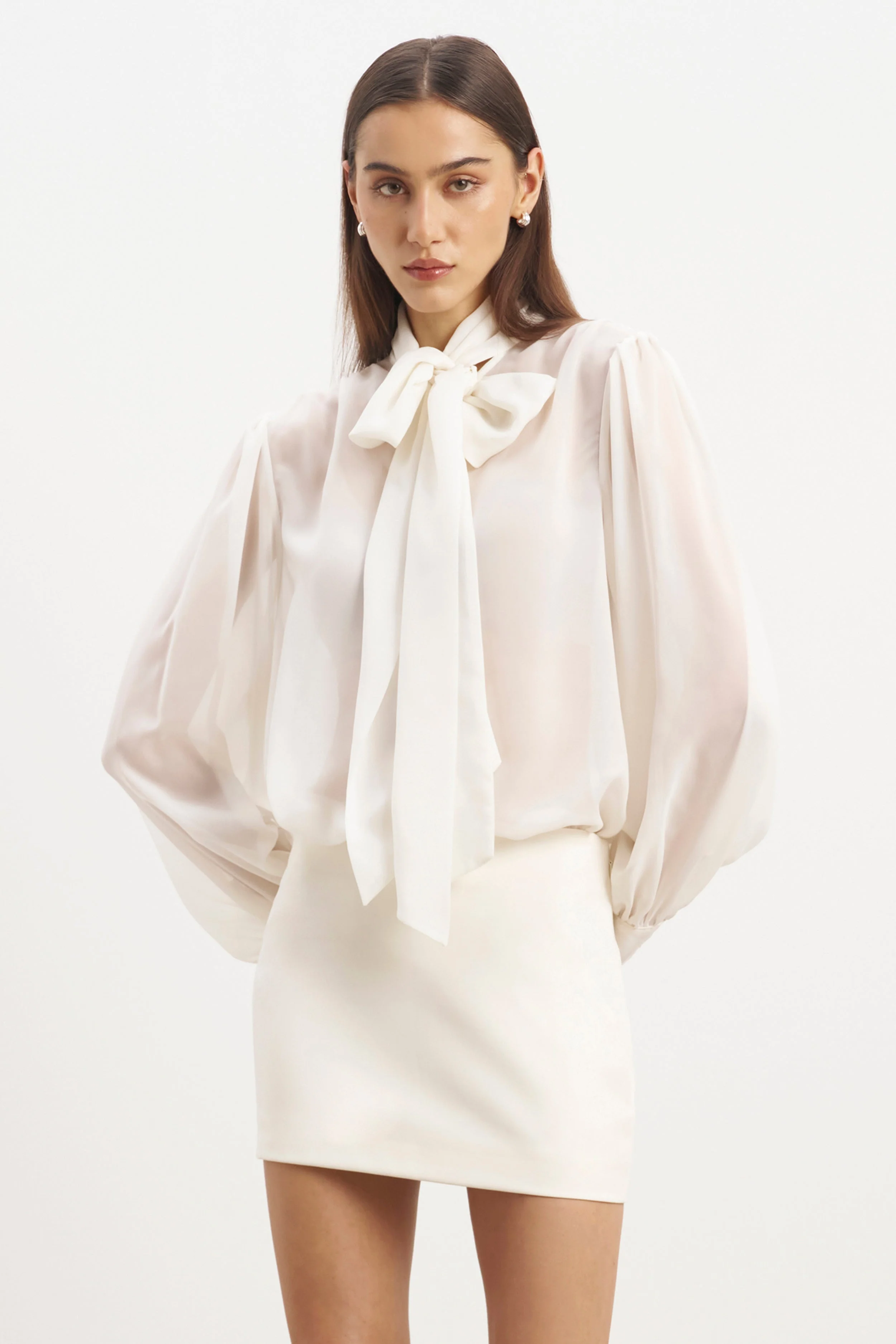 Sheer Chiffon Tie Neck Blouse - Cream