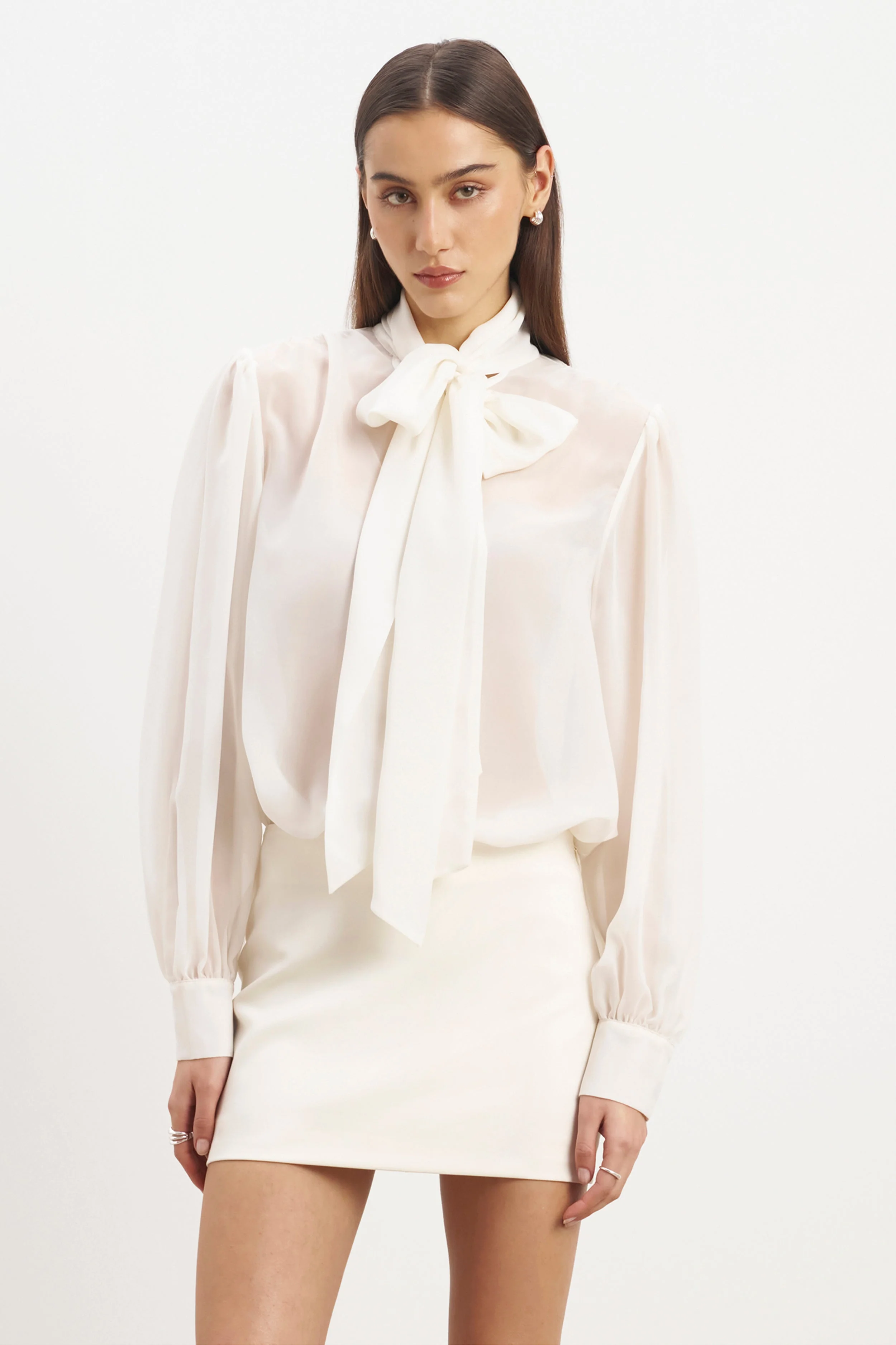 Sheer Chiffon Tie Neck Blouse - Cream - Image 3