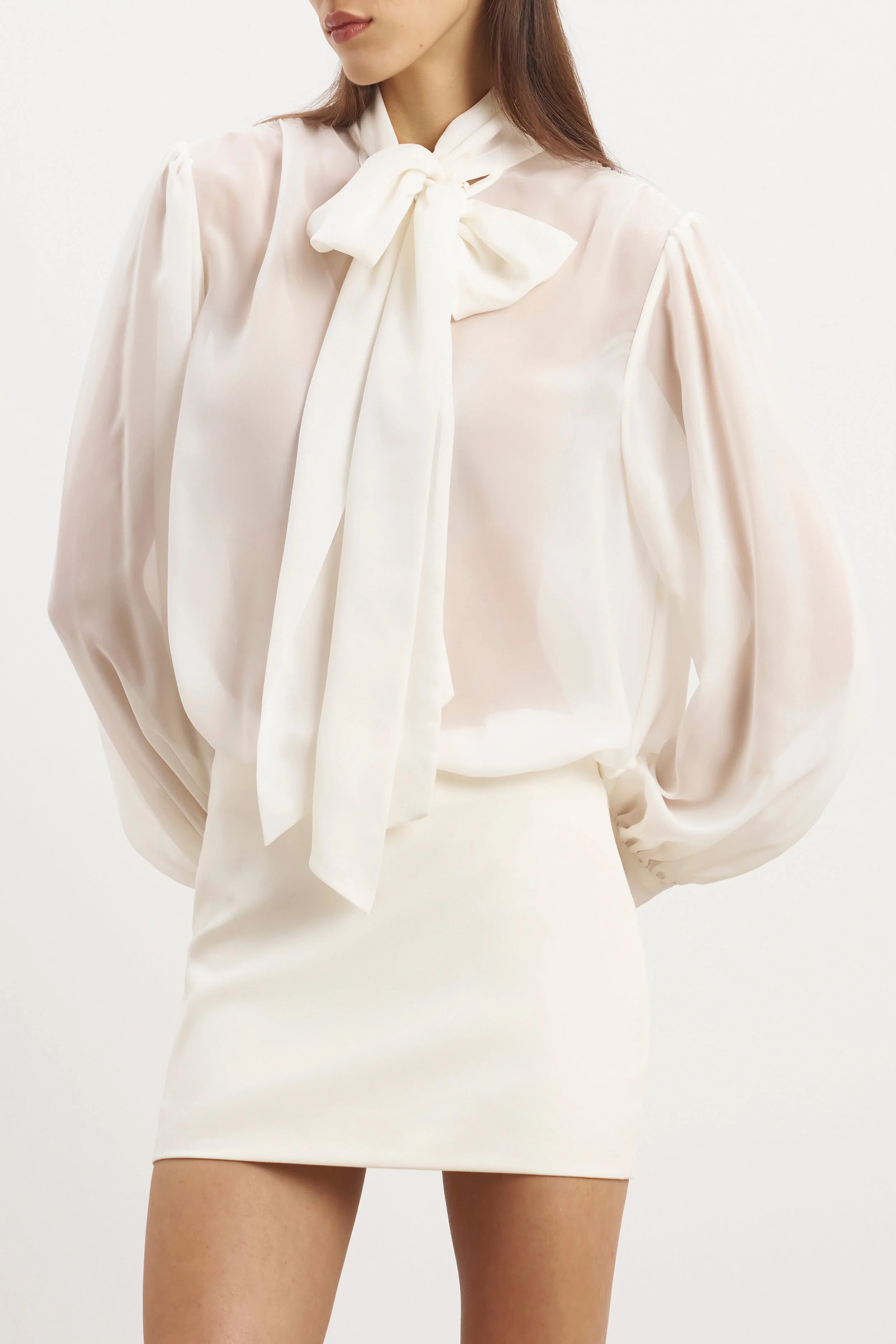 Sheer Chiffon Tie Neck Blouse - Cream - Image 4