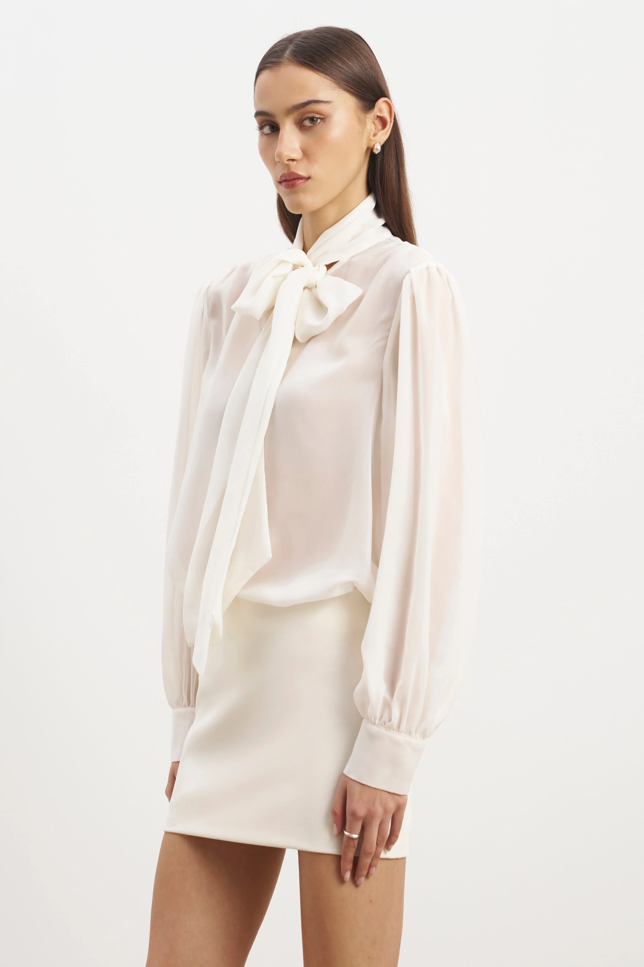 Sheer Chiffon Tie Neck Blouse - Cream - Image 6