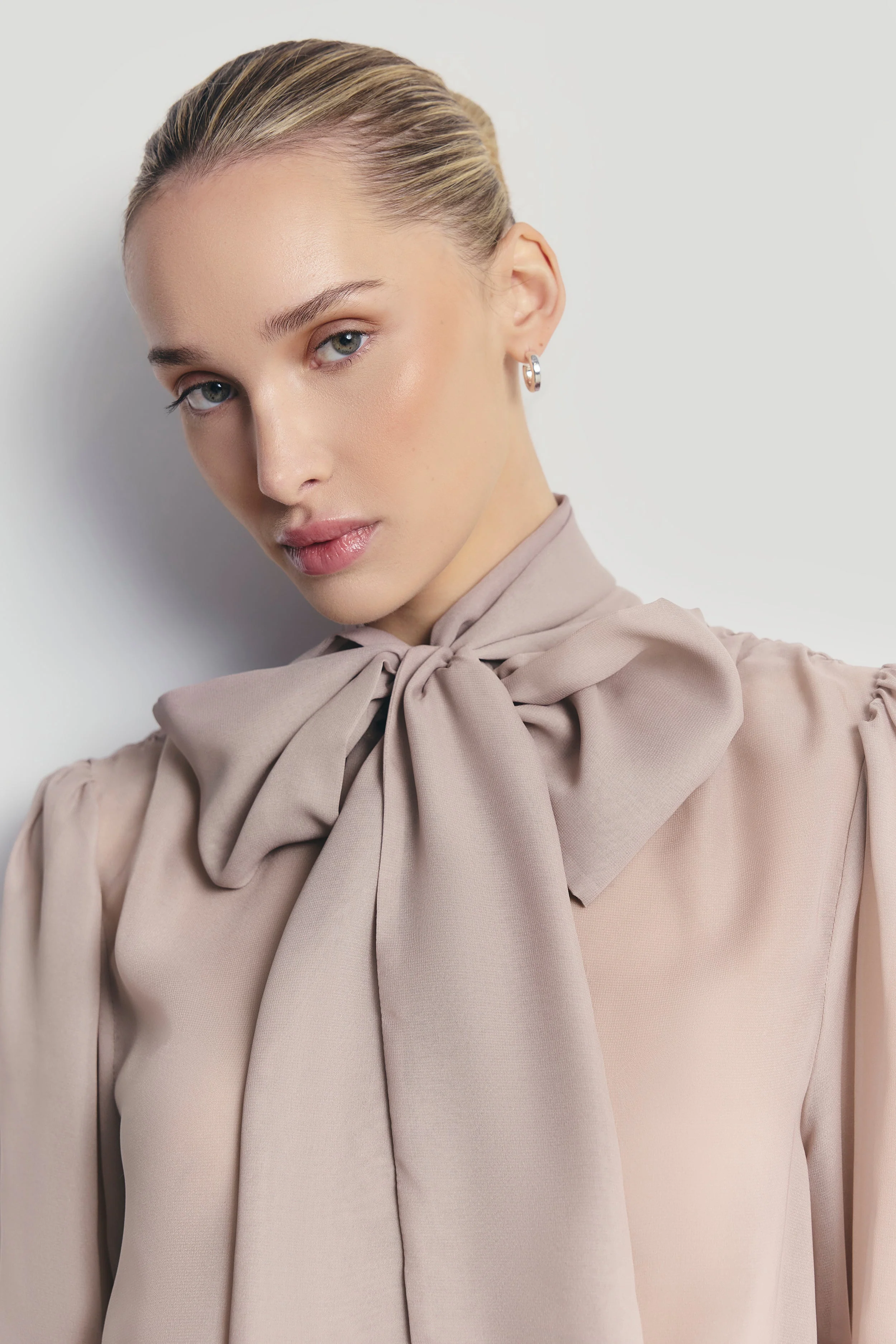 Sheer Chiffon Tie Neck Blouse - Mink - Image 3