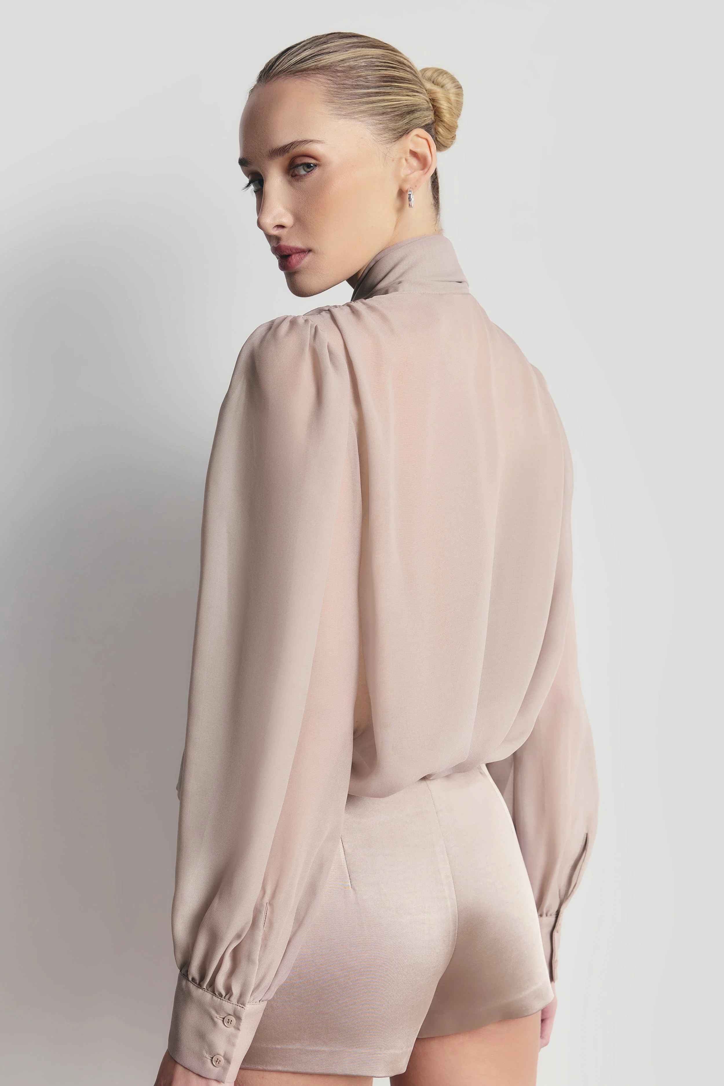 Sheer Chiffon Tie Neck Blouse - Mink - Image 6