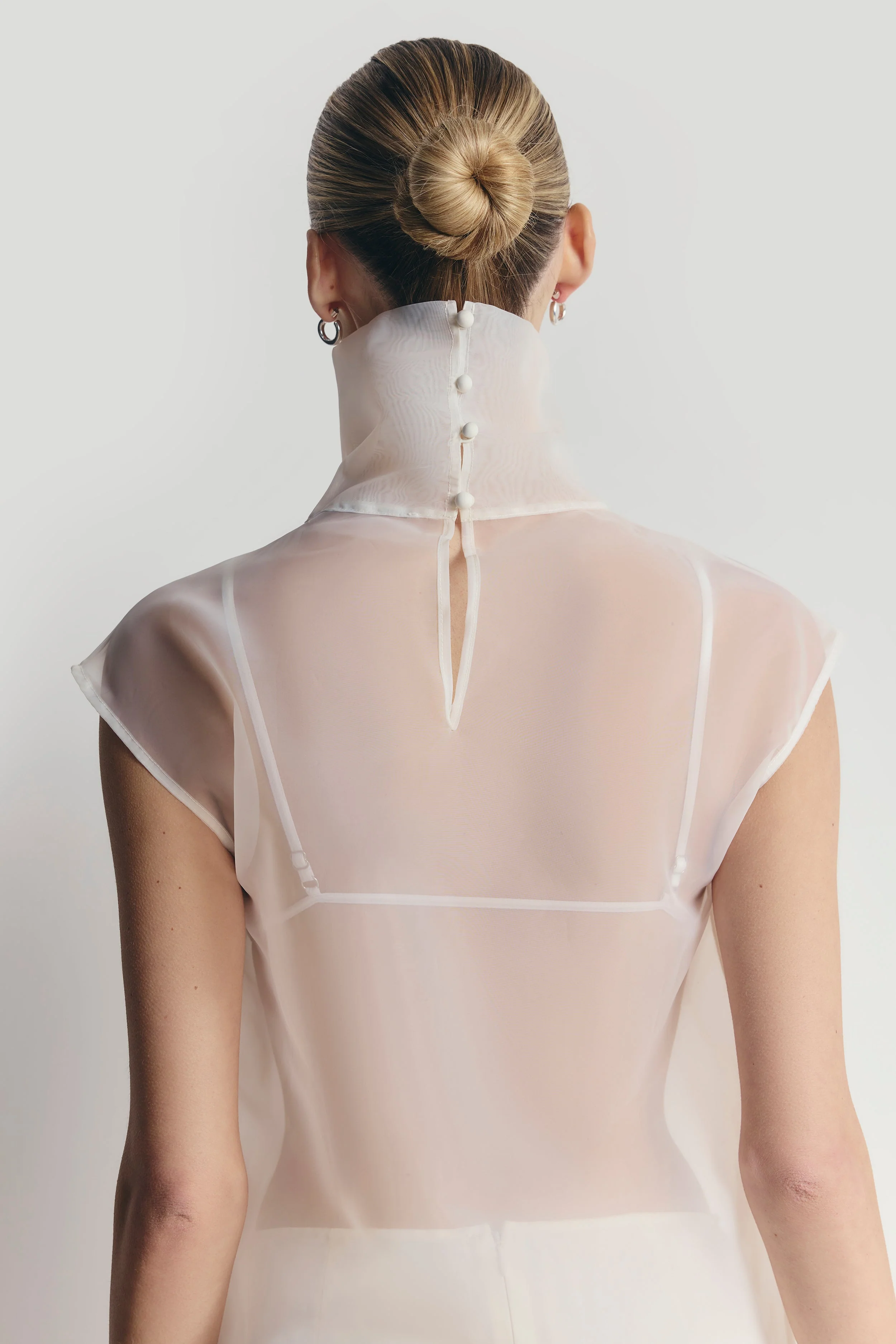 Sheer Organza Funnel Neck Blouse - Cream - Image 7