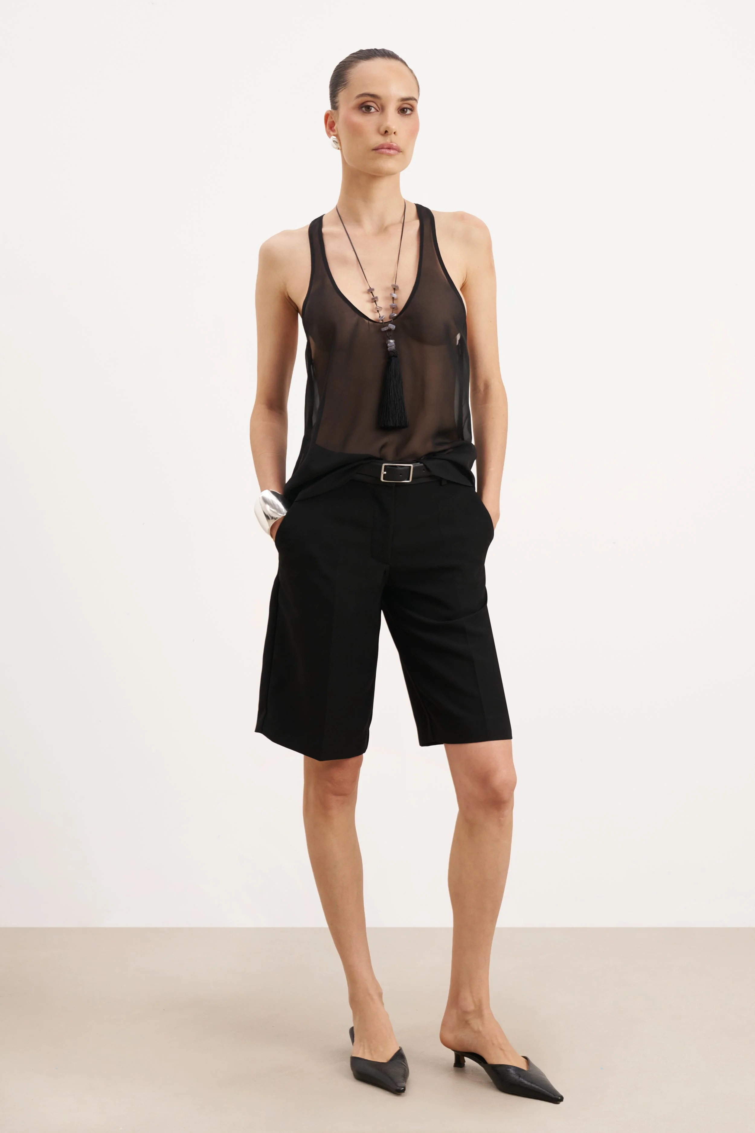 Sheer Plunge U Neck Tank Top - Black - Image 3