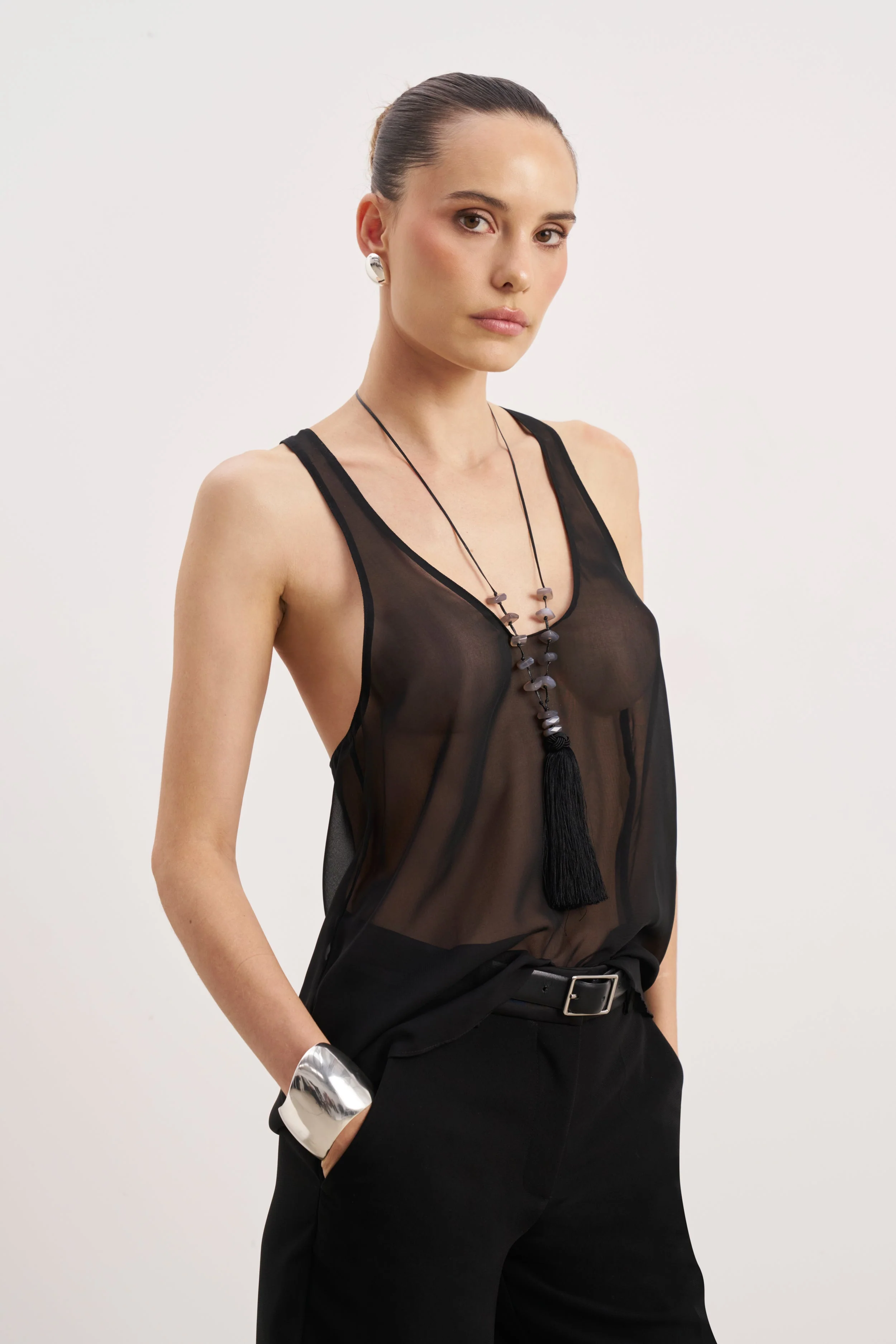 Sheer Plunge U Neck Tank Top - Black - Image 5