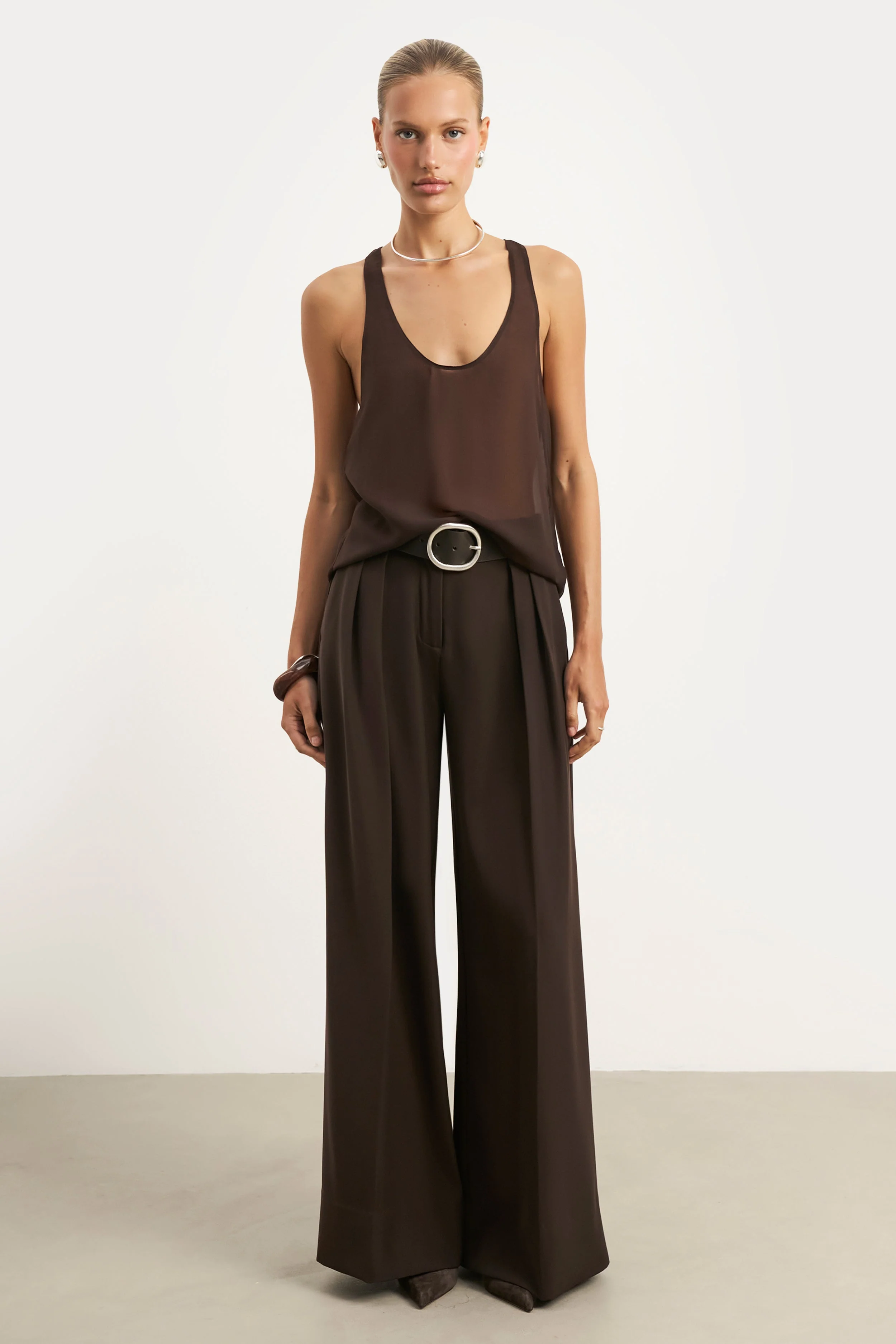 Sheer Plunge U Neck Tank Top - Carob - Image 3