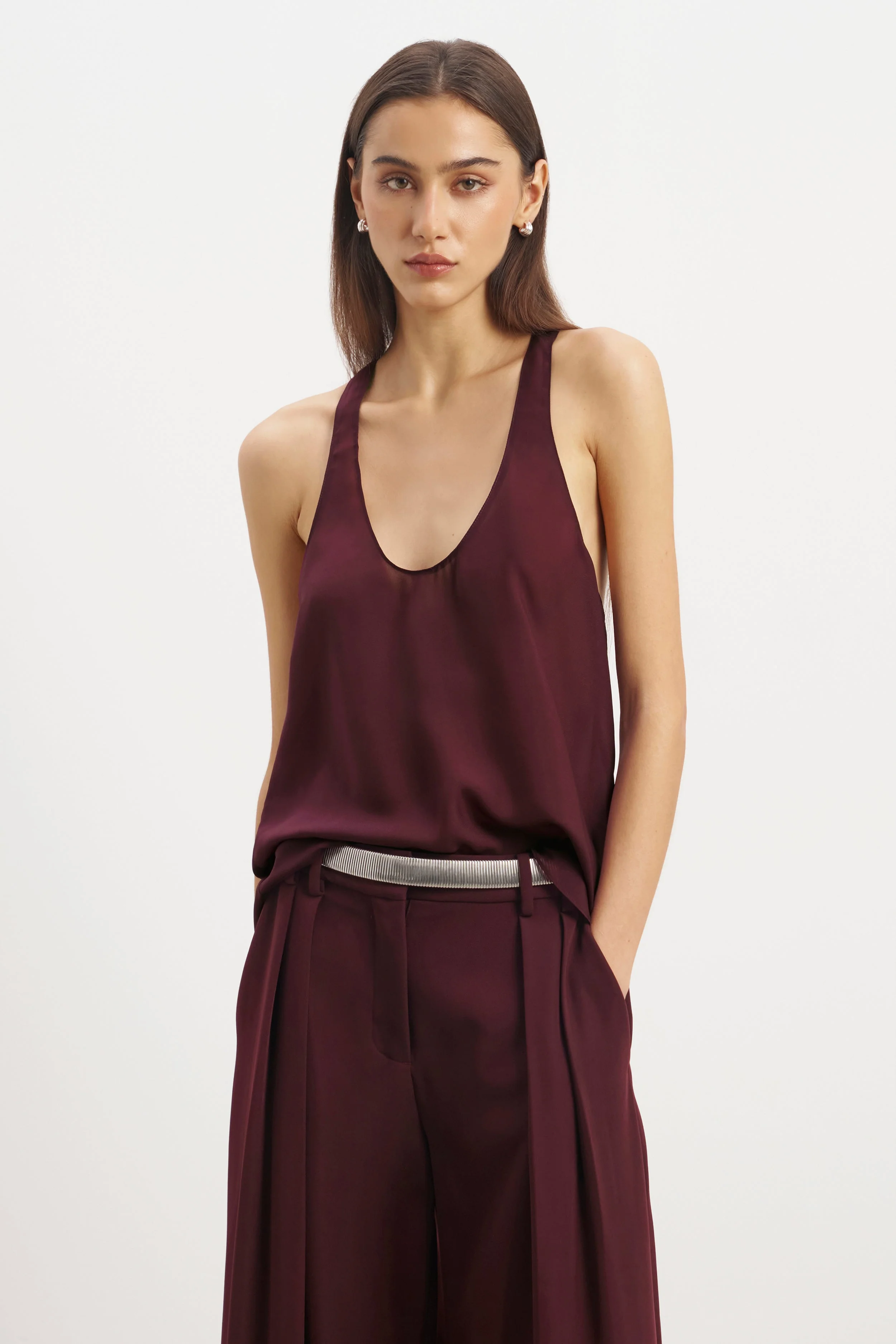 Sheer Plunge U Neck Tank Top - Mulberry - Image 2