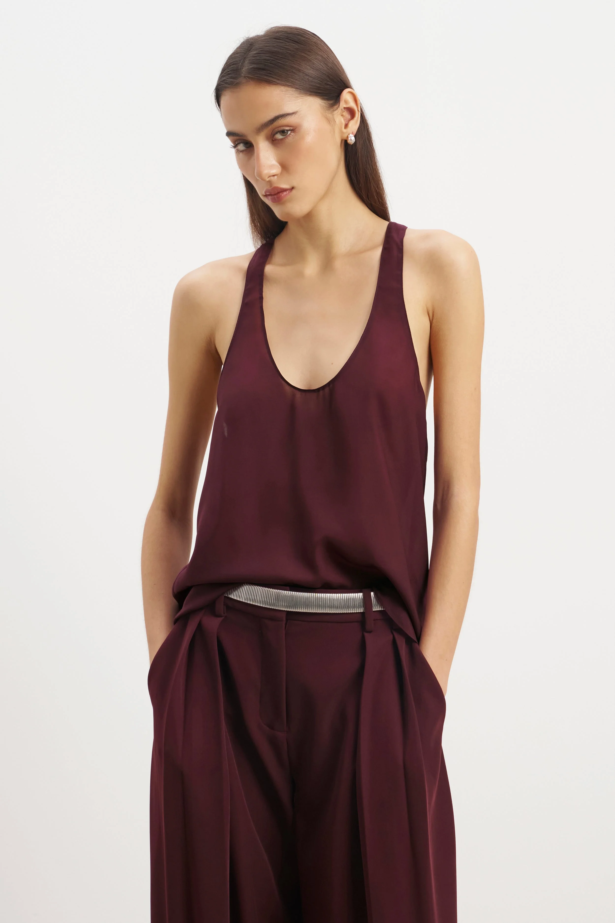 Sheer Plunge U Neck Tank Top - Mulberry - Image 4