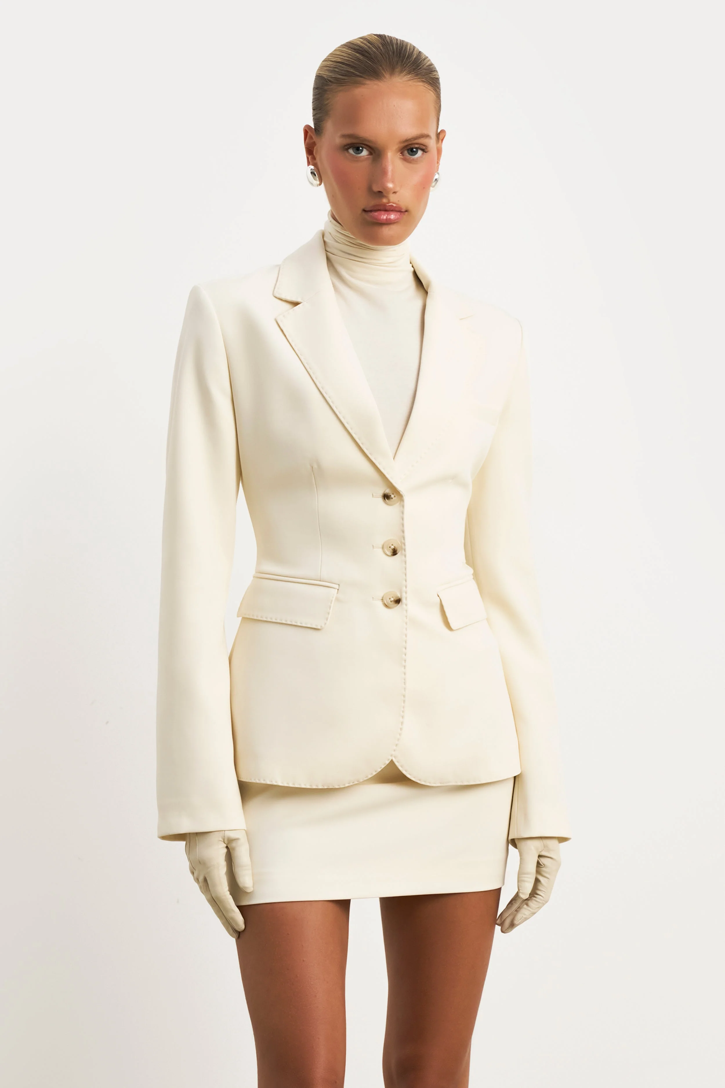 Single Breasted Cinched Waist Blazer - Cream - Image 7