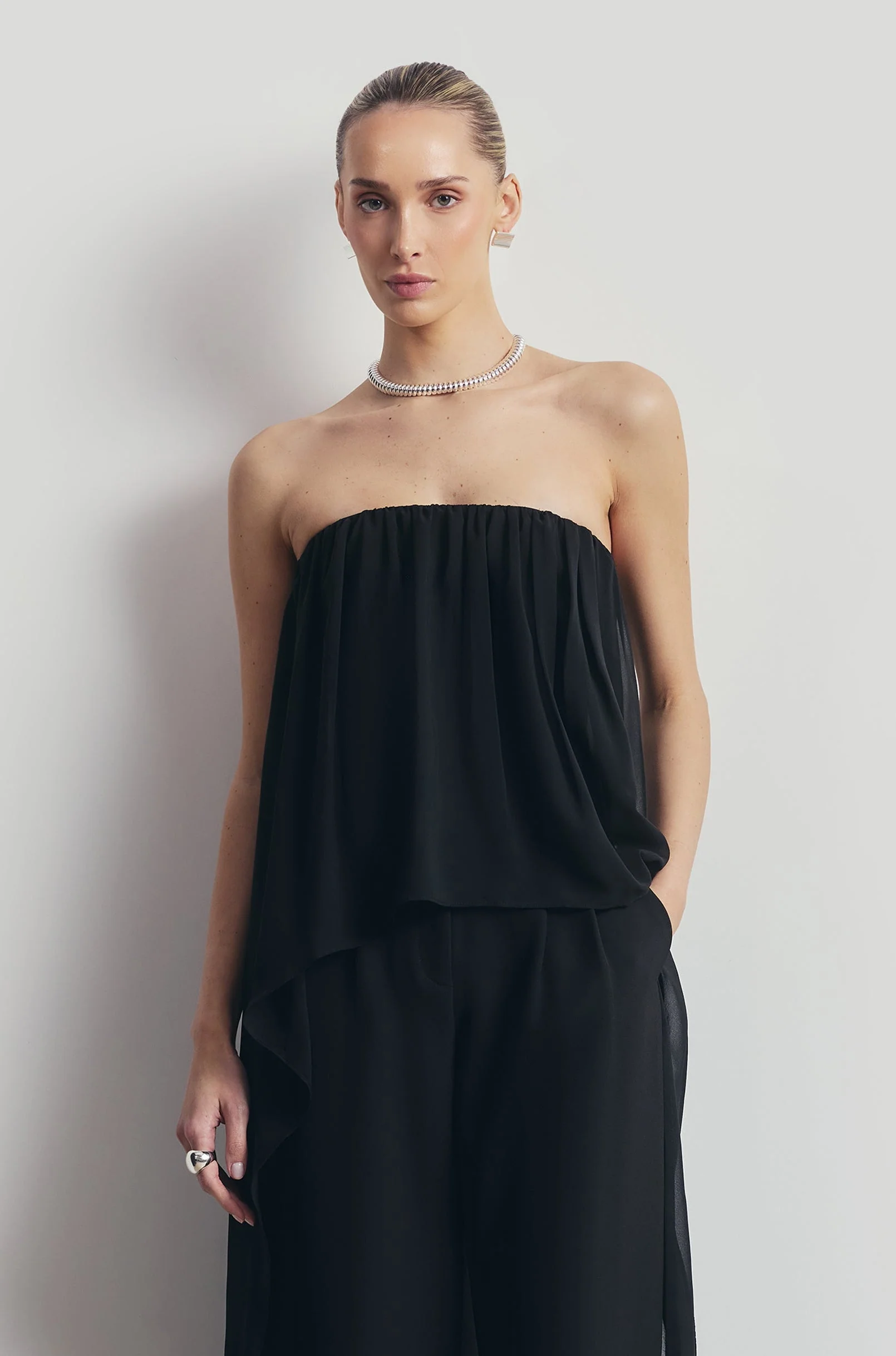 Strapless Chiffon Layered Corset Top - Black - Image 5