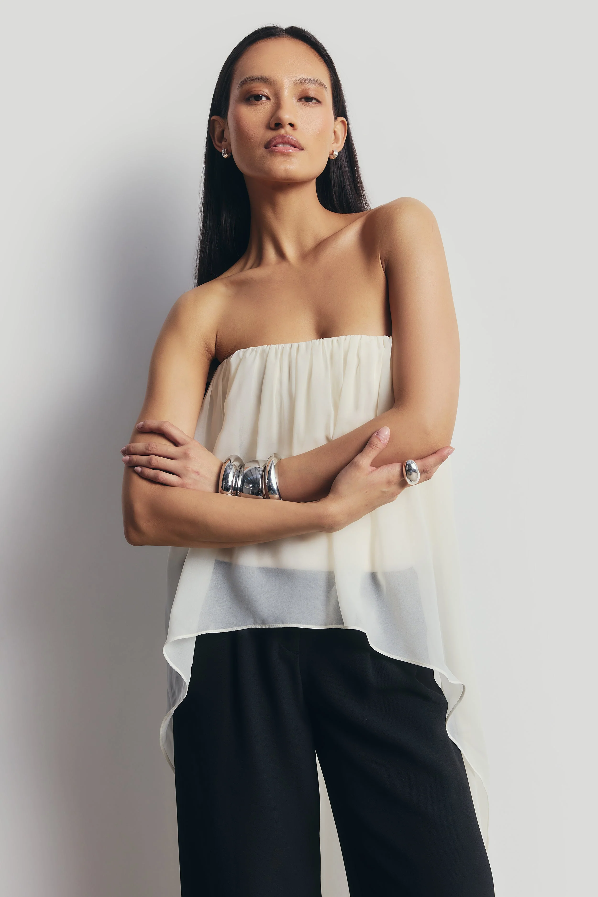 Strapless Chiffon Layered Corset Top - Cream - Image 5