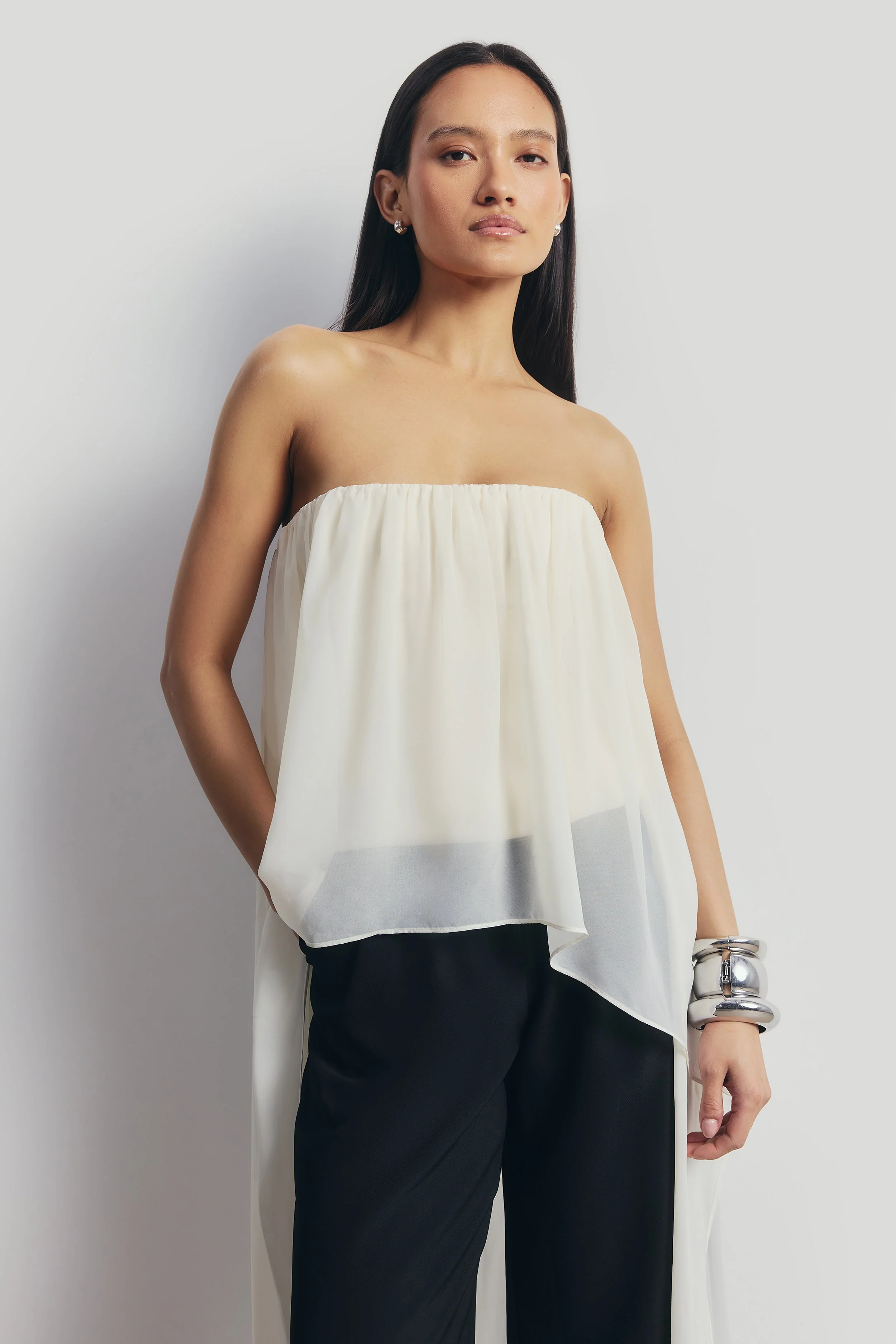 Strapless Chiffon Layered Corset Top - Cream - Image 8
