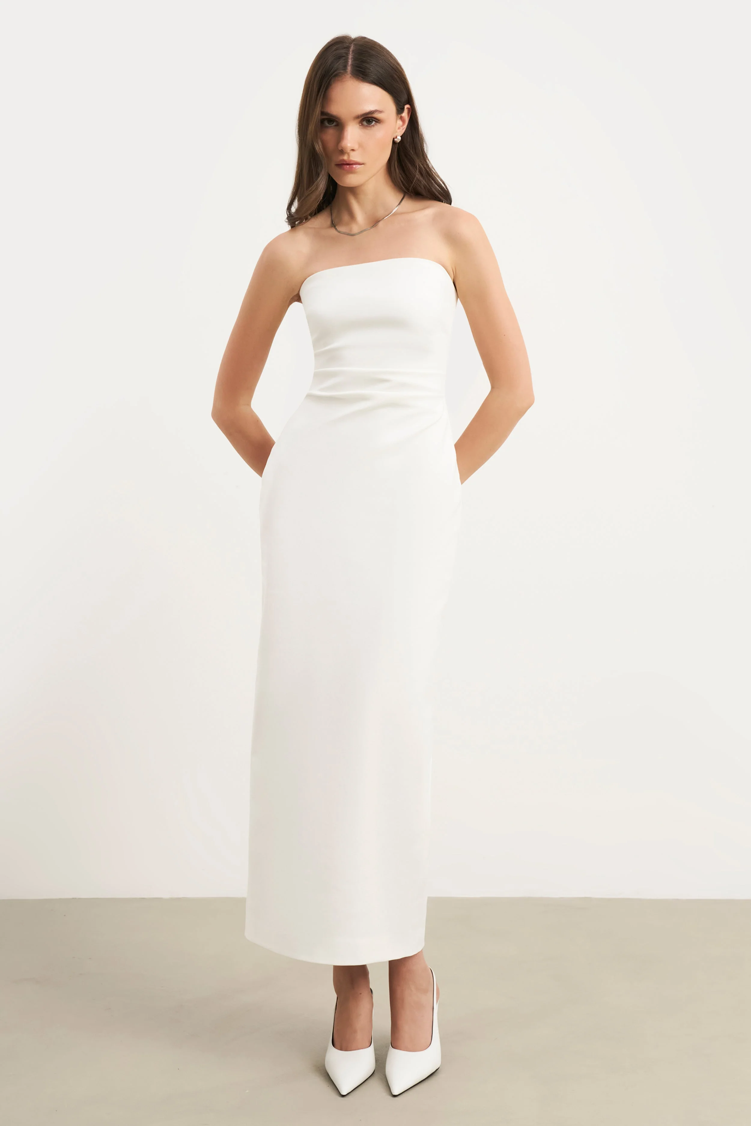 Strapless Ruched Midaxi Dress - White - Image 3
