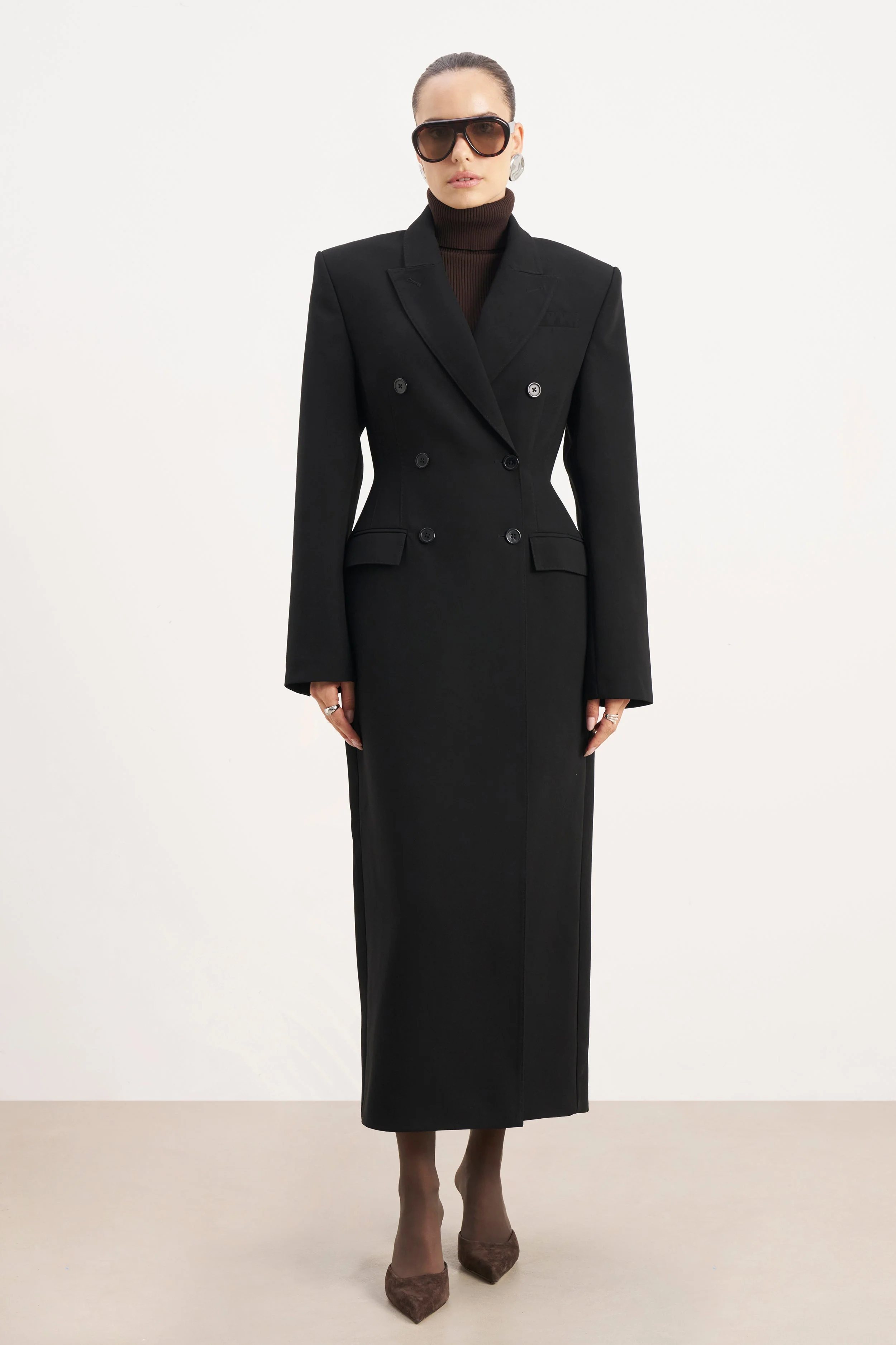 Structured Double Breasted Hourglass Coat - Black