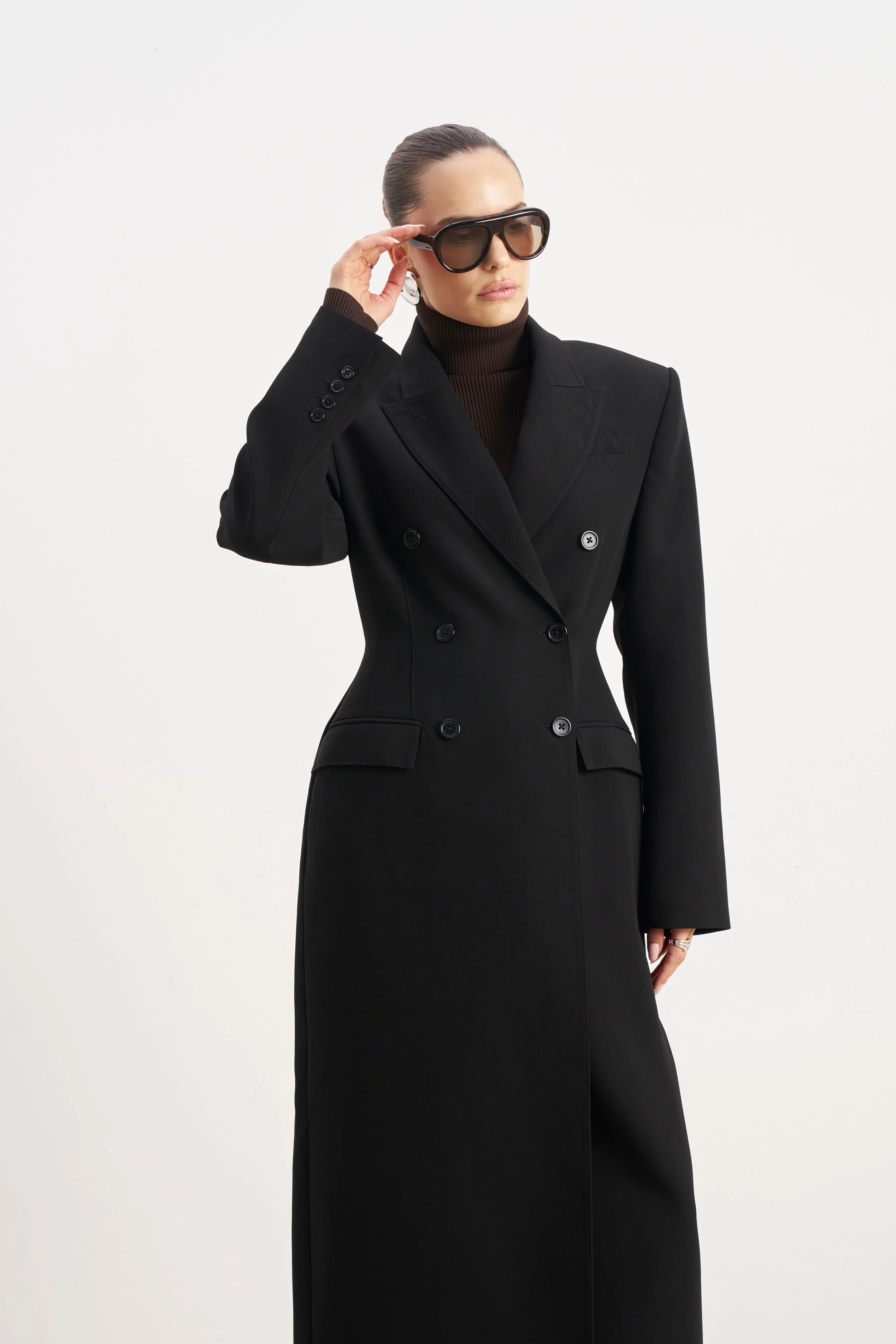 Structured Double Breasted Hourglass Coat - Black - Image 2