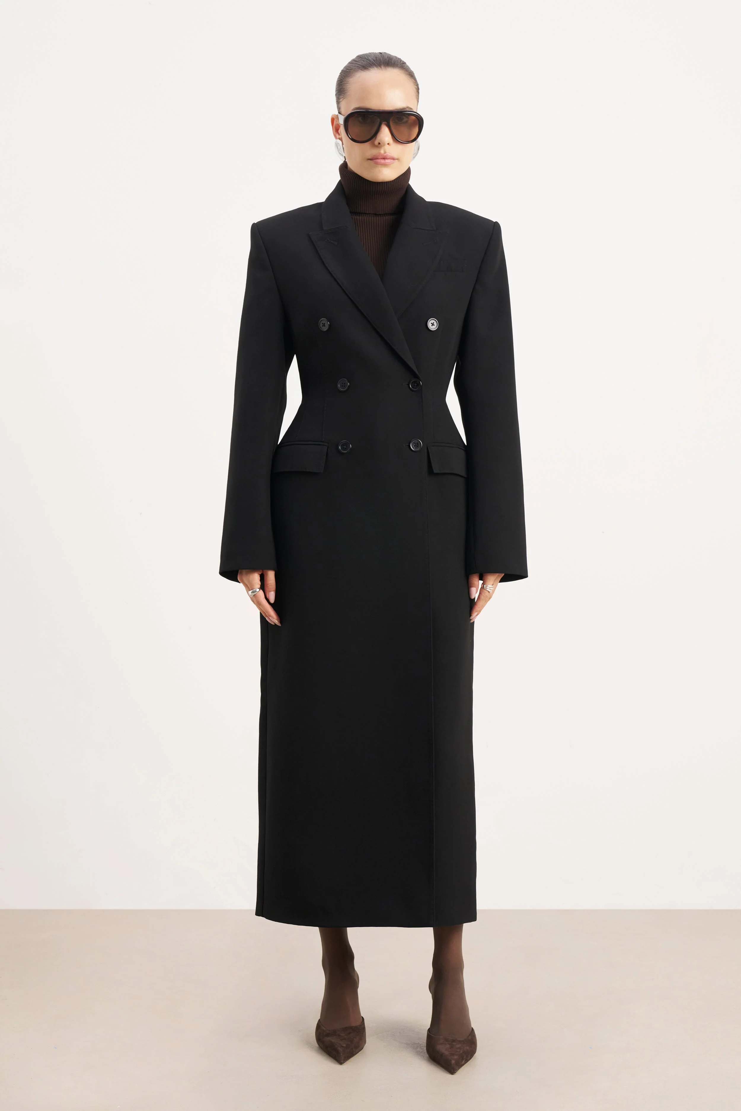 Structured Double Breasted Hourglass Coat - Black - Image 4