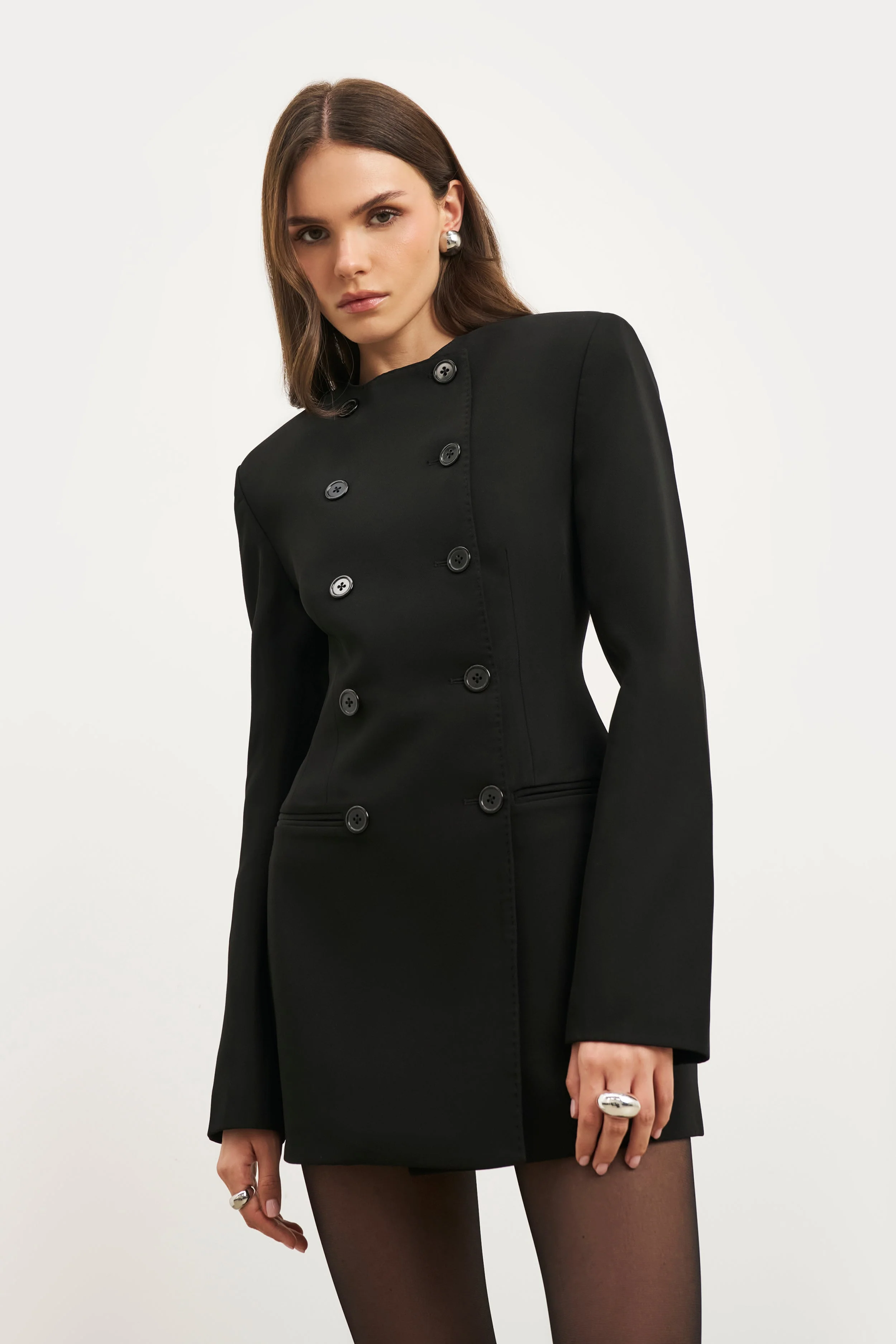 Tailored Collarless Blazer Dress - Black - Image 5