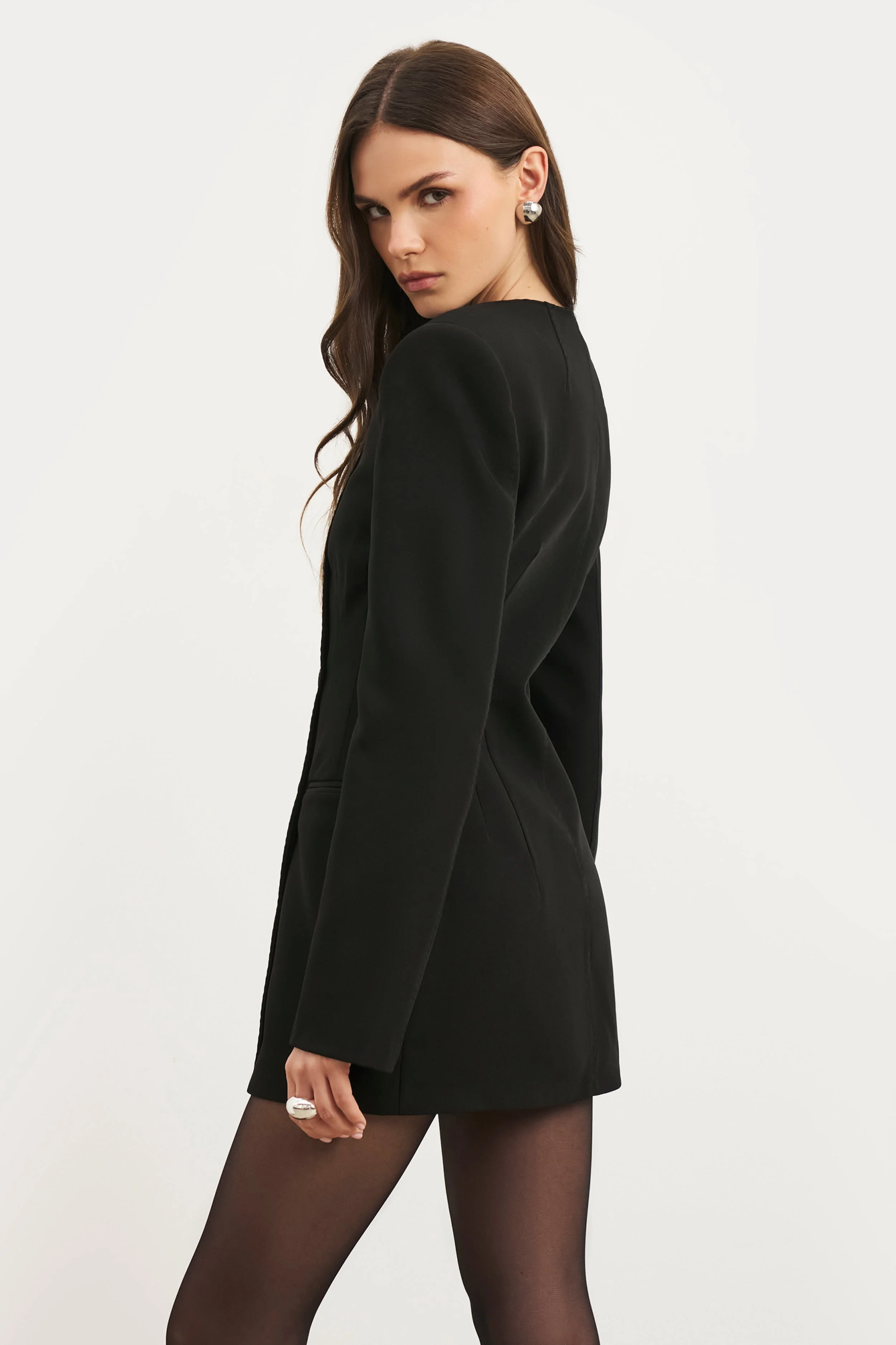 Tailored Collarless Blazer Dress - Black - Image 6
