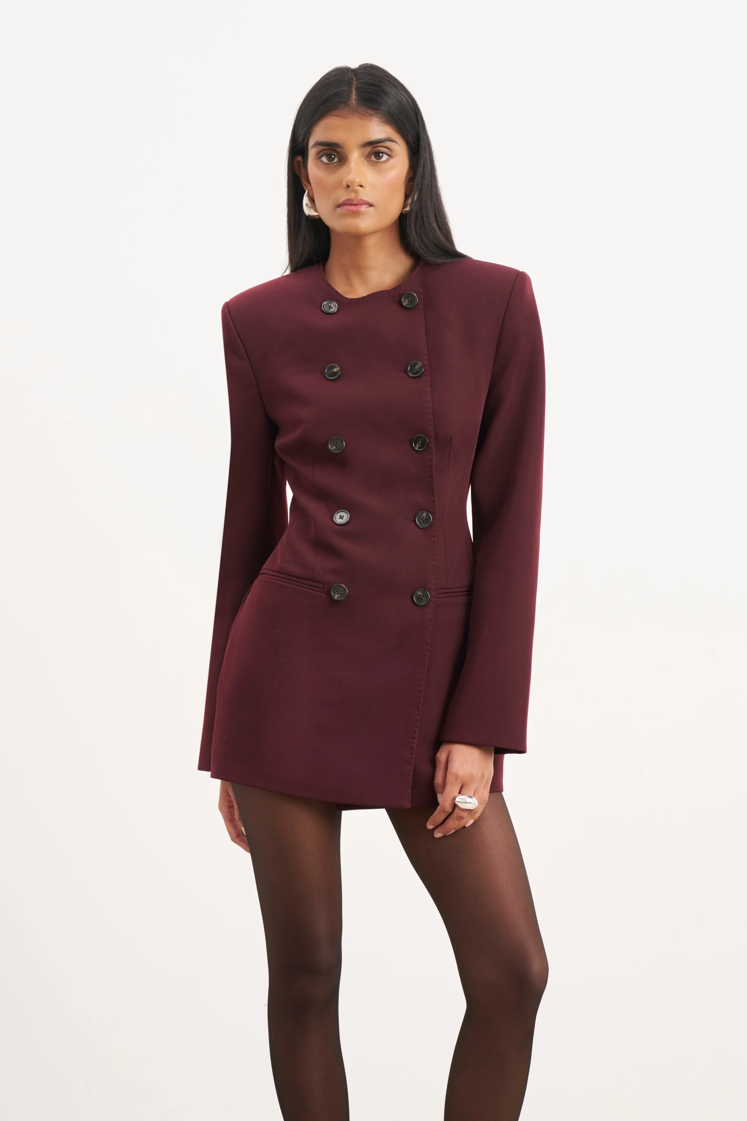 Tailored Collarless Blazer Dress - Mulberry - Image 2