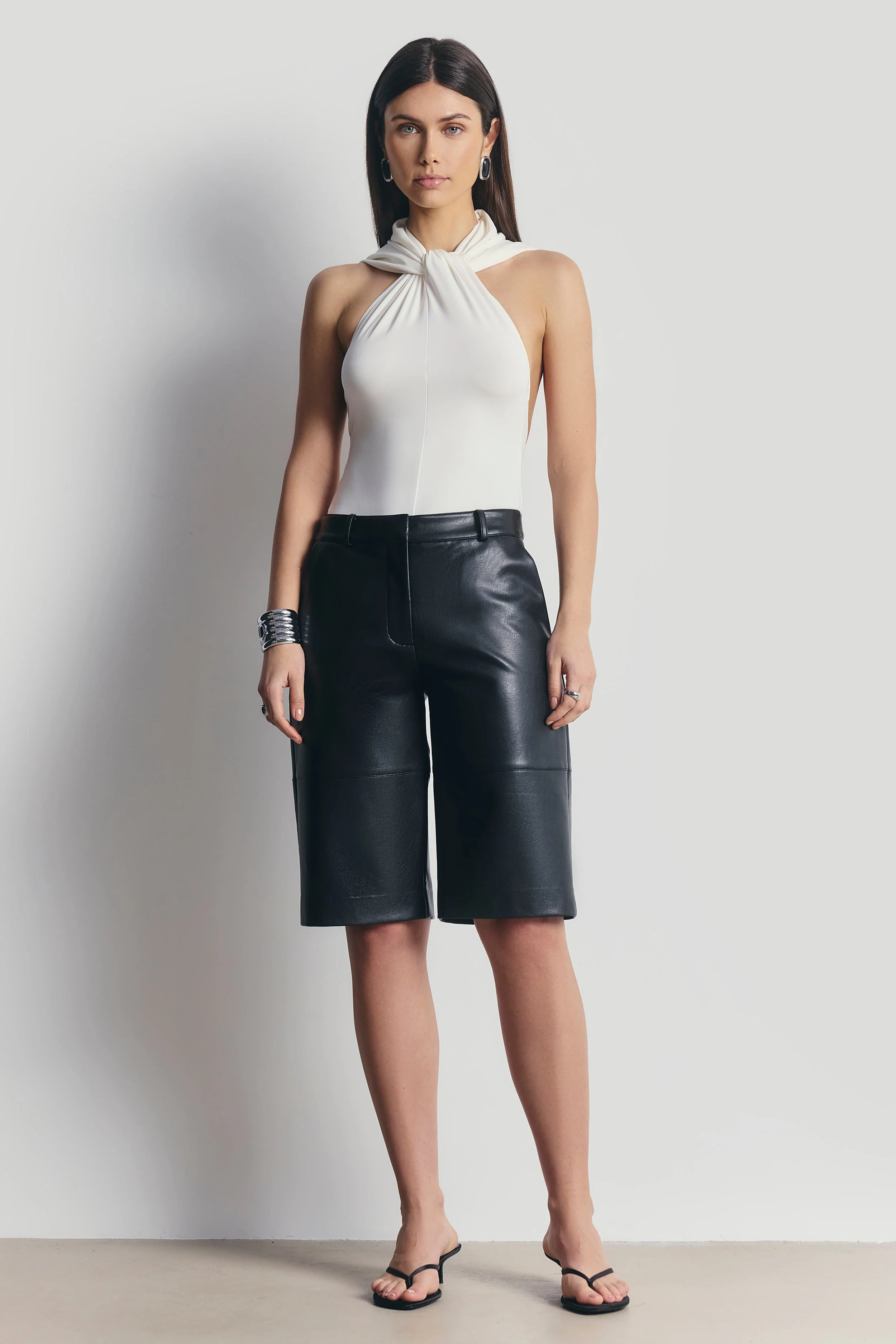 Tailored Leather Longline Shorts - Black - Image 3