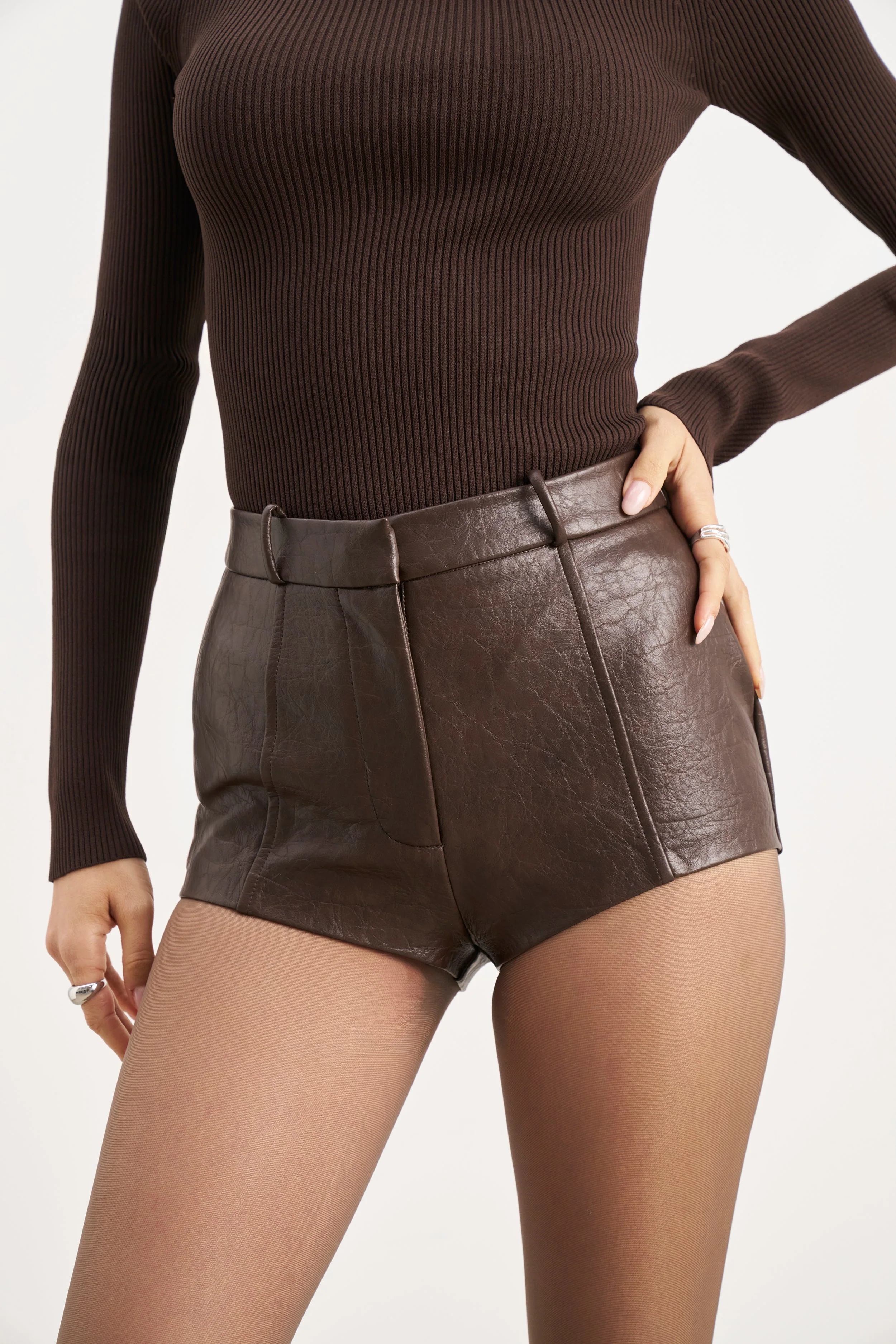 Tailored Leather Micro Shorts - Carob - Image 4
