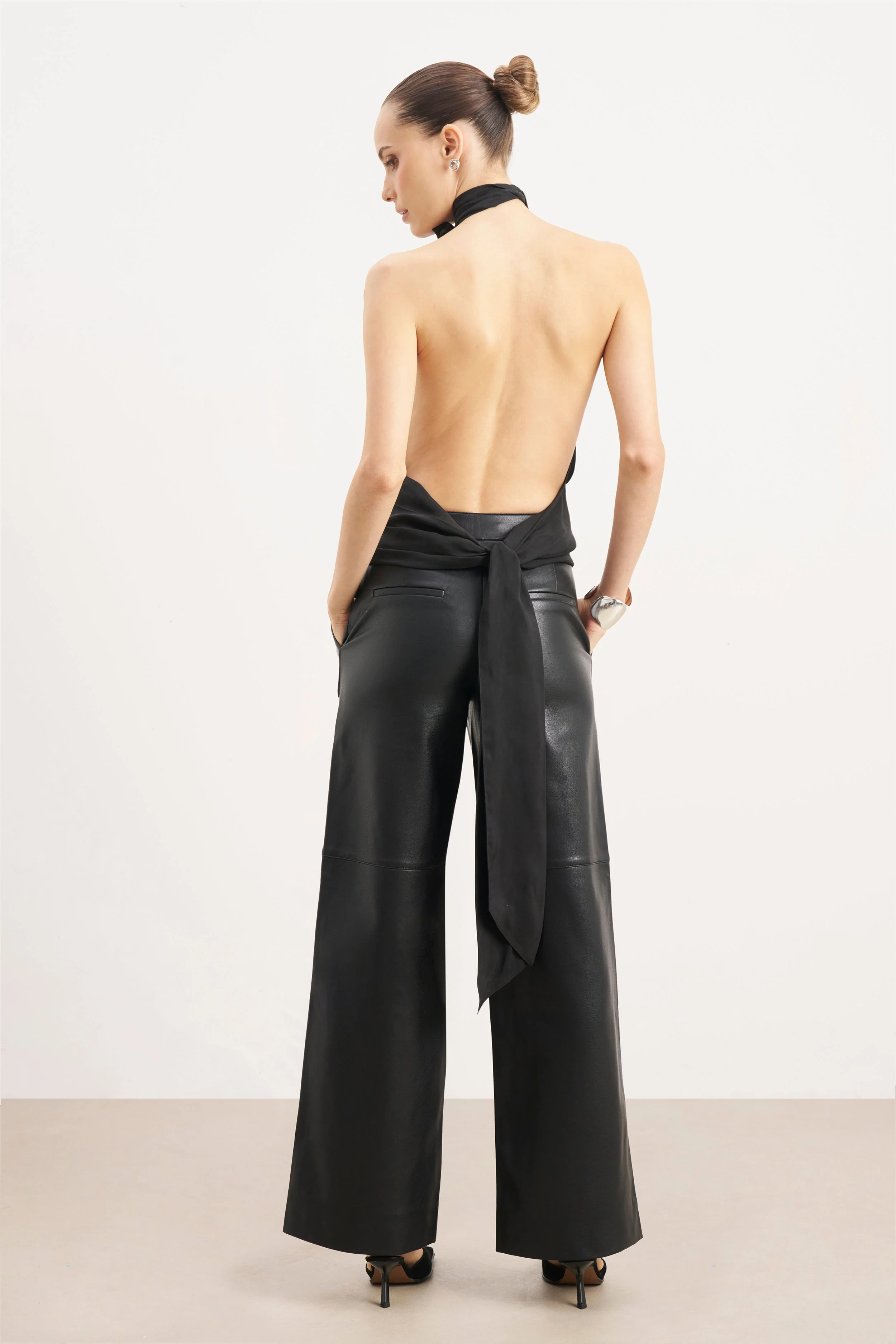 Tailored Leather Wide Leg Trousers - Black - Image 10
