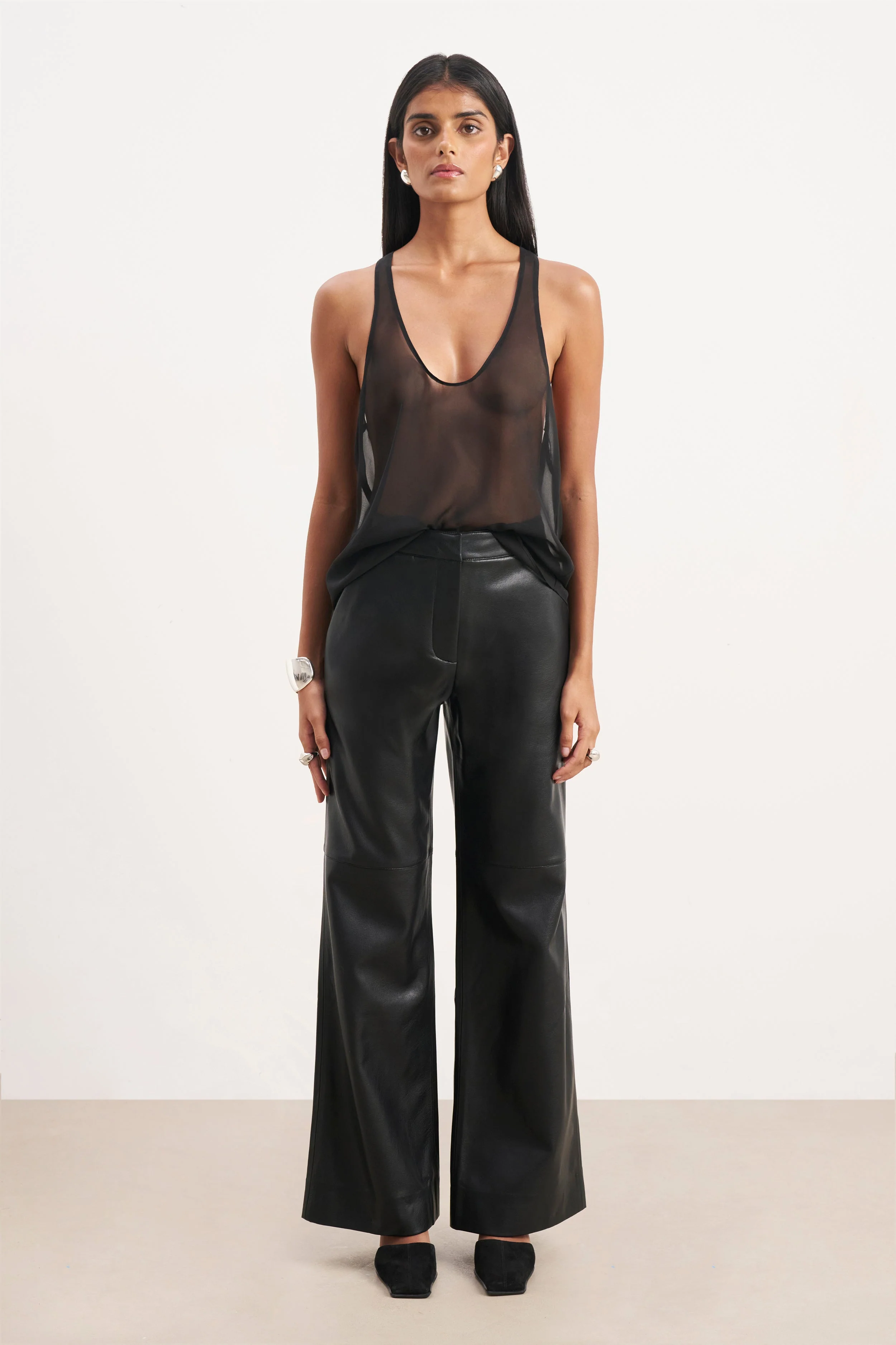 Tailored Leather Wide Leg Trousers - Black - Image 4