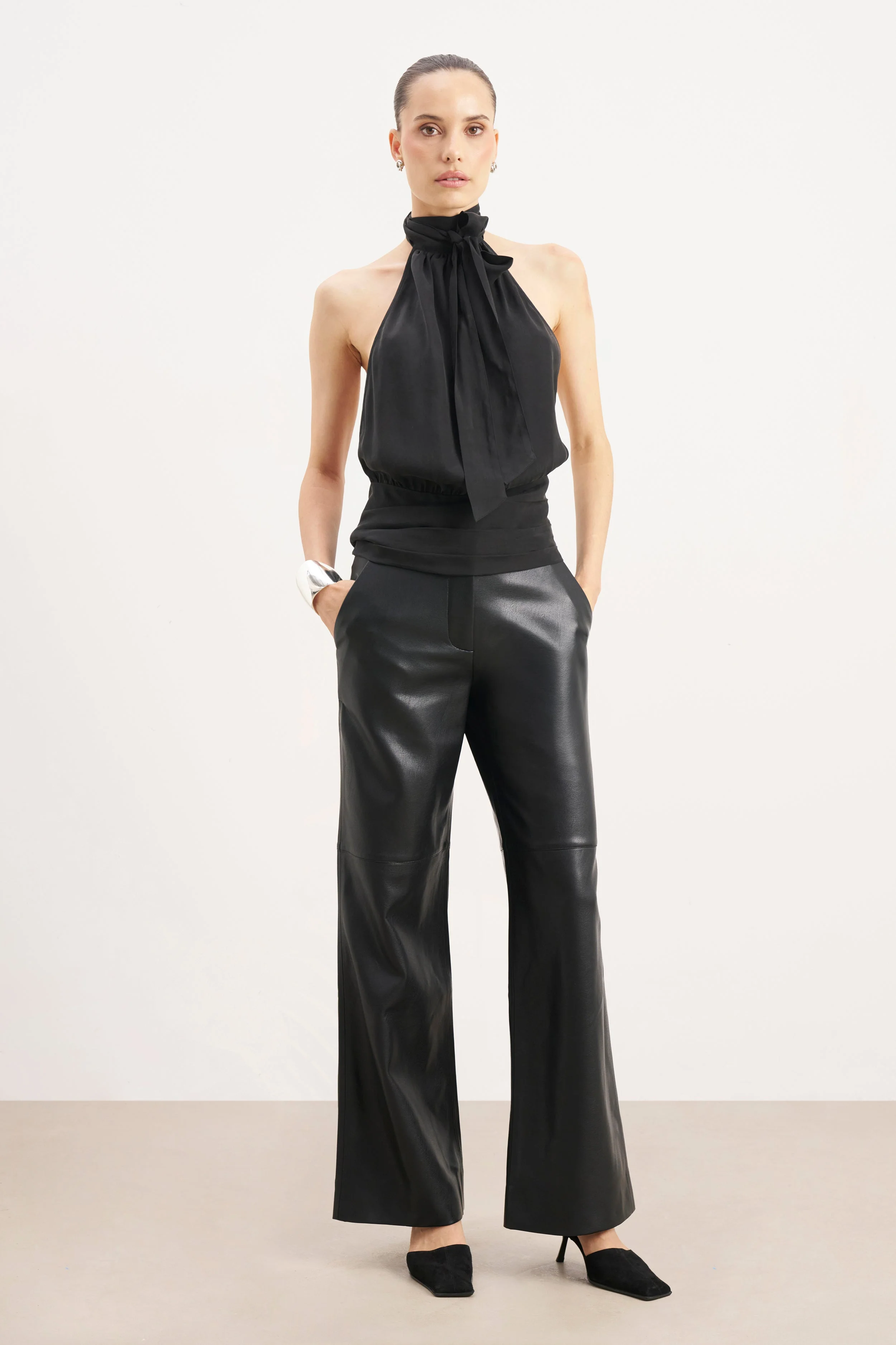 Tailored Leather Wide Leg Trousers - Black - Image 6