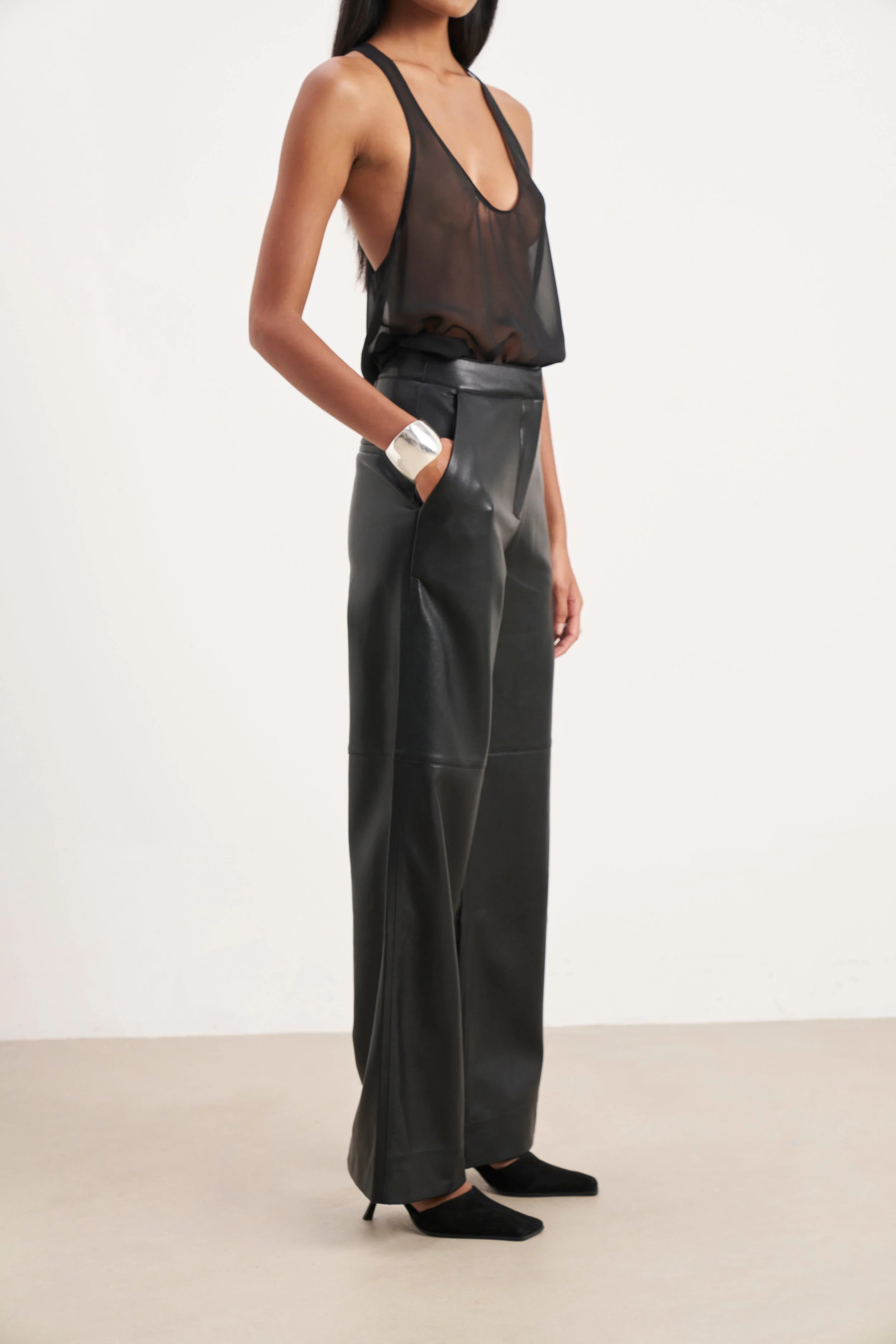 Tailored Leather Wide Leg Trousers - Black - Image 7