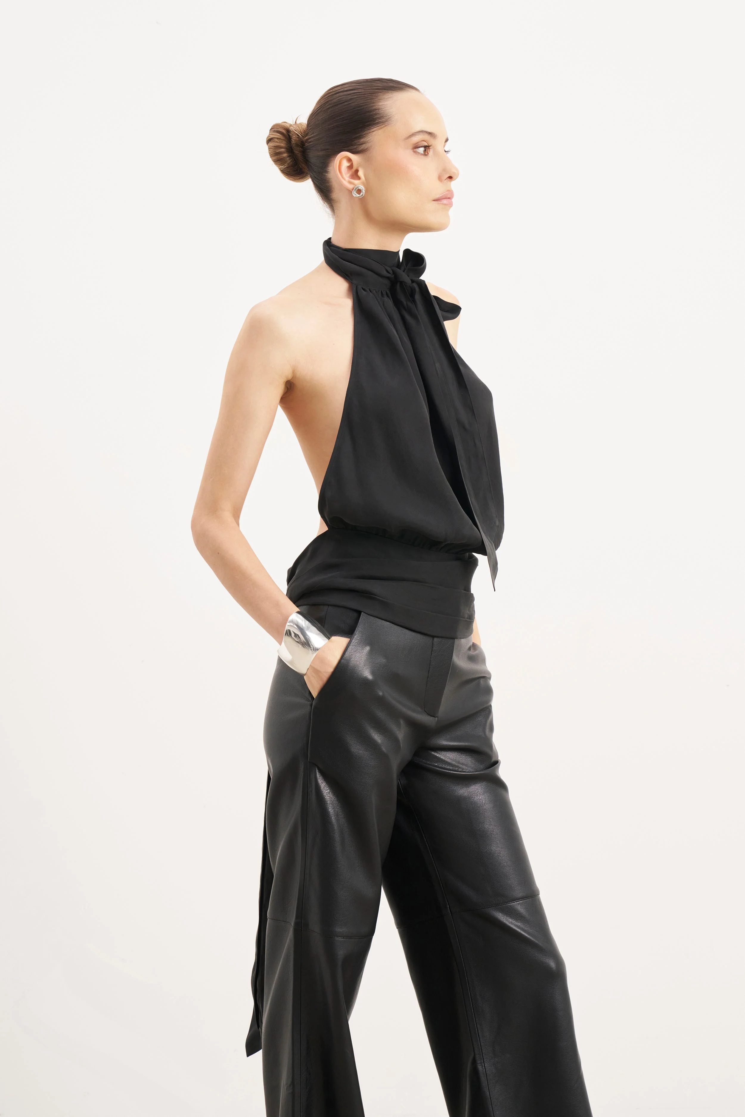 Tailored Leather Wide Leg Trousers - Black - Image 9