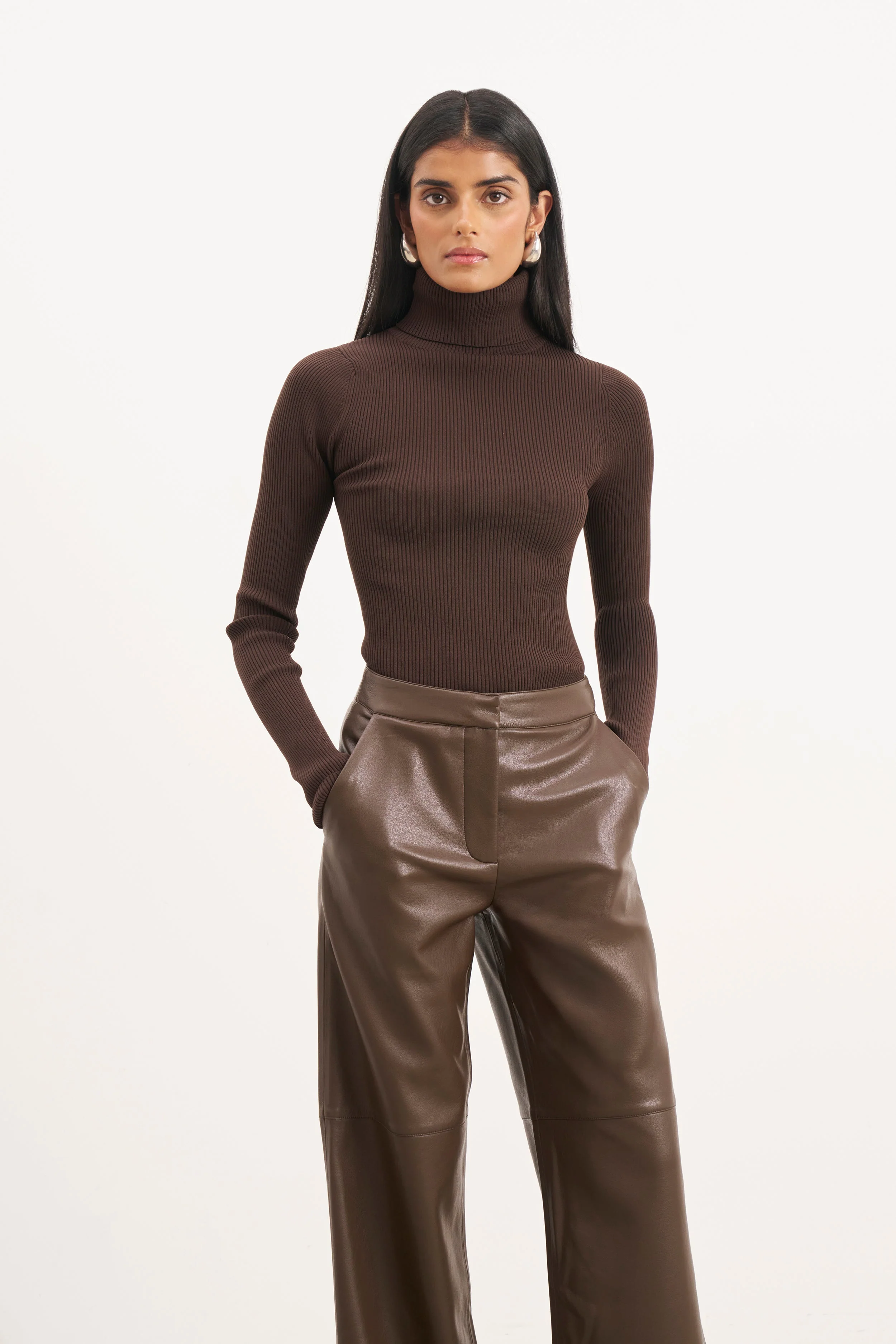 Tailored Leather Wide Leg Trousers - Carob - Image 3